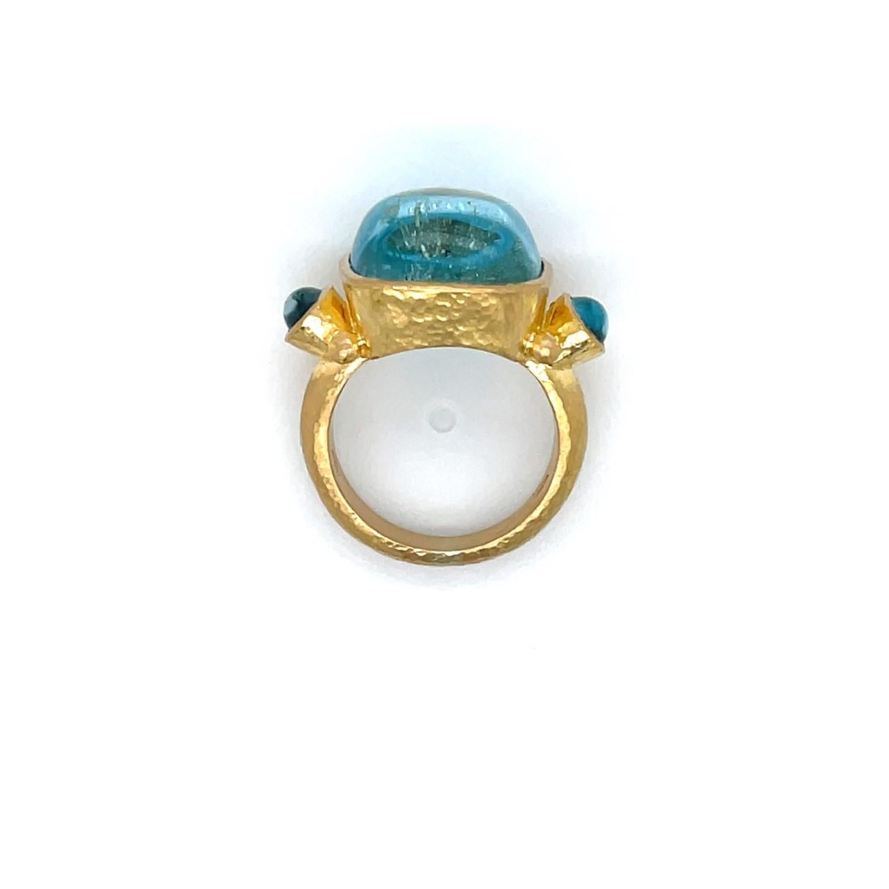 Elizabeth Locke 19k Yellow Gold Three Stone Ring with Cabochon Cut Aquamarines 2