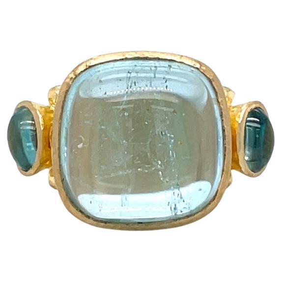 Elizabeth Locke 19k Yellow Gold Three Stone Ring with Cabochon Cut Aquamarines