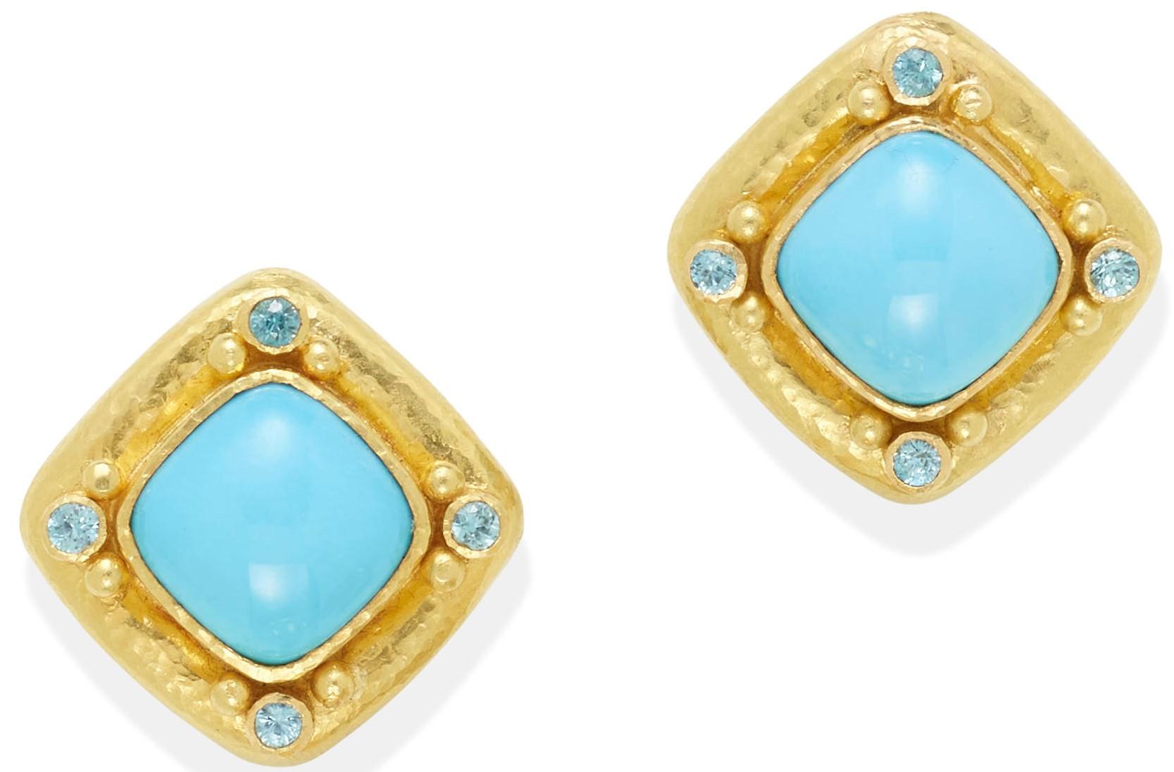 Elizabeth Locke 19k Yellow Gold Turquoise and Topaz Ear Clips Retractable Posts

Gorgeous 19k Yellow Gold Ear Clips by Elizabeth Locke
Feature Cabochon Cut Turquoise Main Stones with Blue Topaz Accents
Appx Dimensions = 7/8