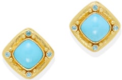 Elizabeth Locke 19k Yellow Gold Turquoise and Topaz Ear Clips Retractable Posts
