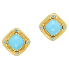 Pendientes retráctiles Elizabeth Locke de oro amarillo de 19k con turquesa y topacio