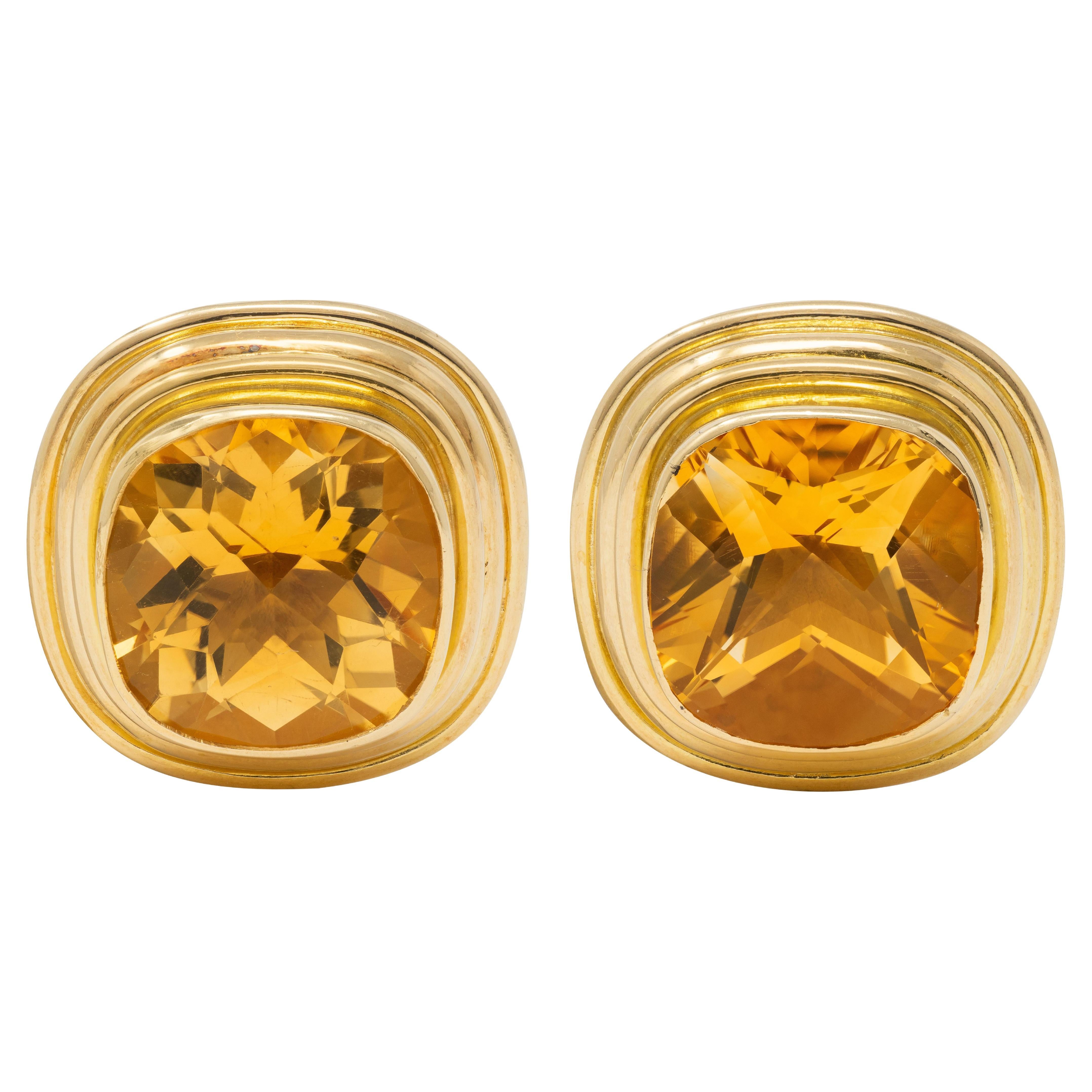 Elizabeth Locke 2000's Citrine 18 Karat Yellow Gold Cushion Earrings