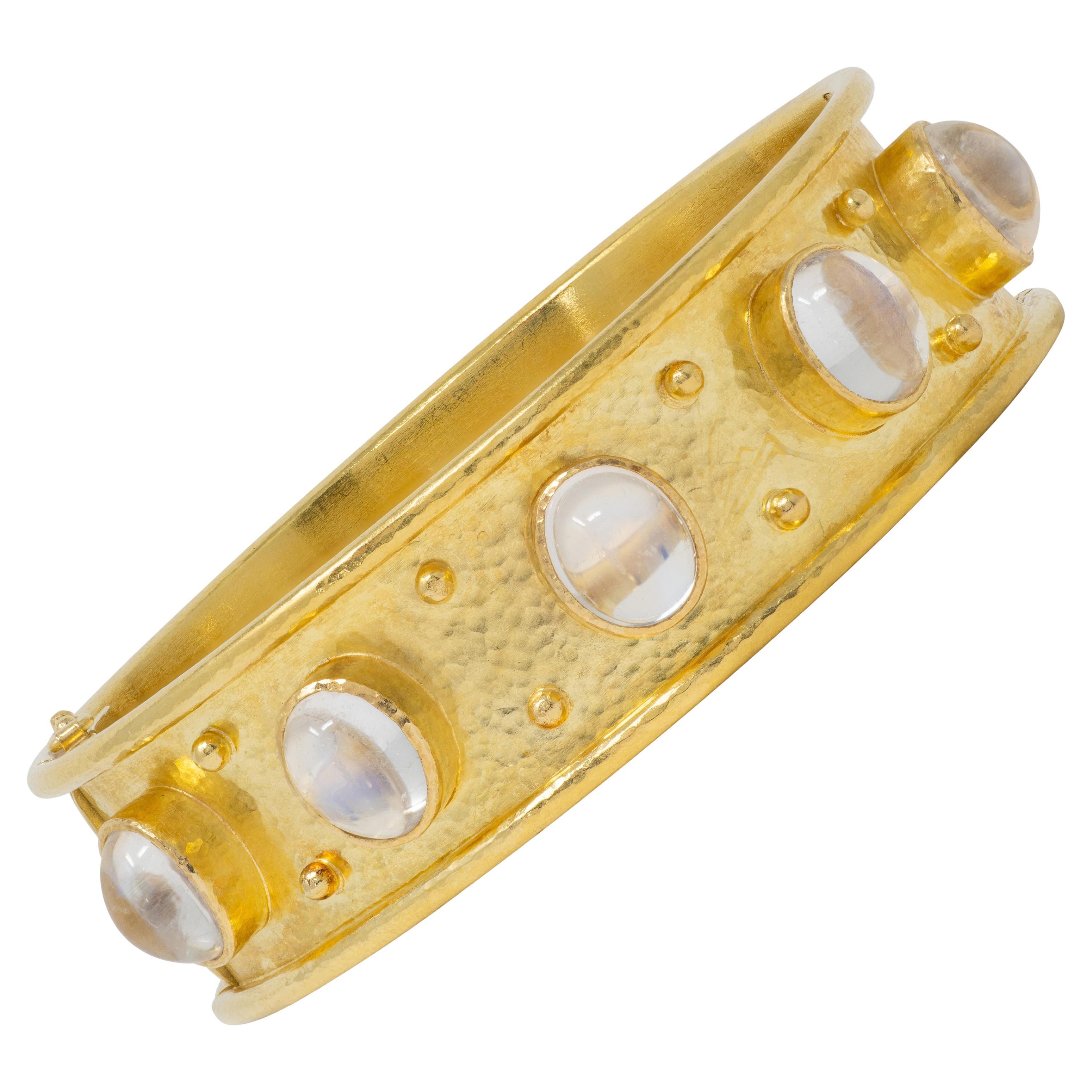 Elizabeth Locke 2000's Moonstone 18K Gold Wide Hammered Bangle Bracelet