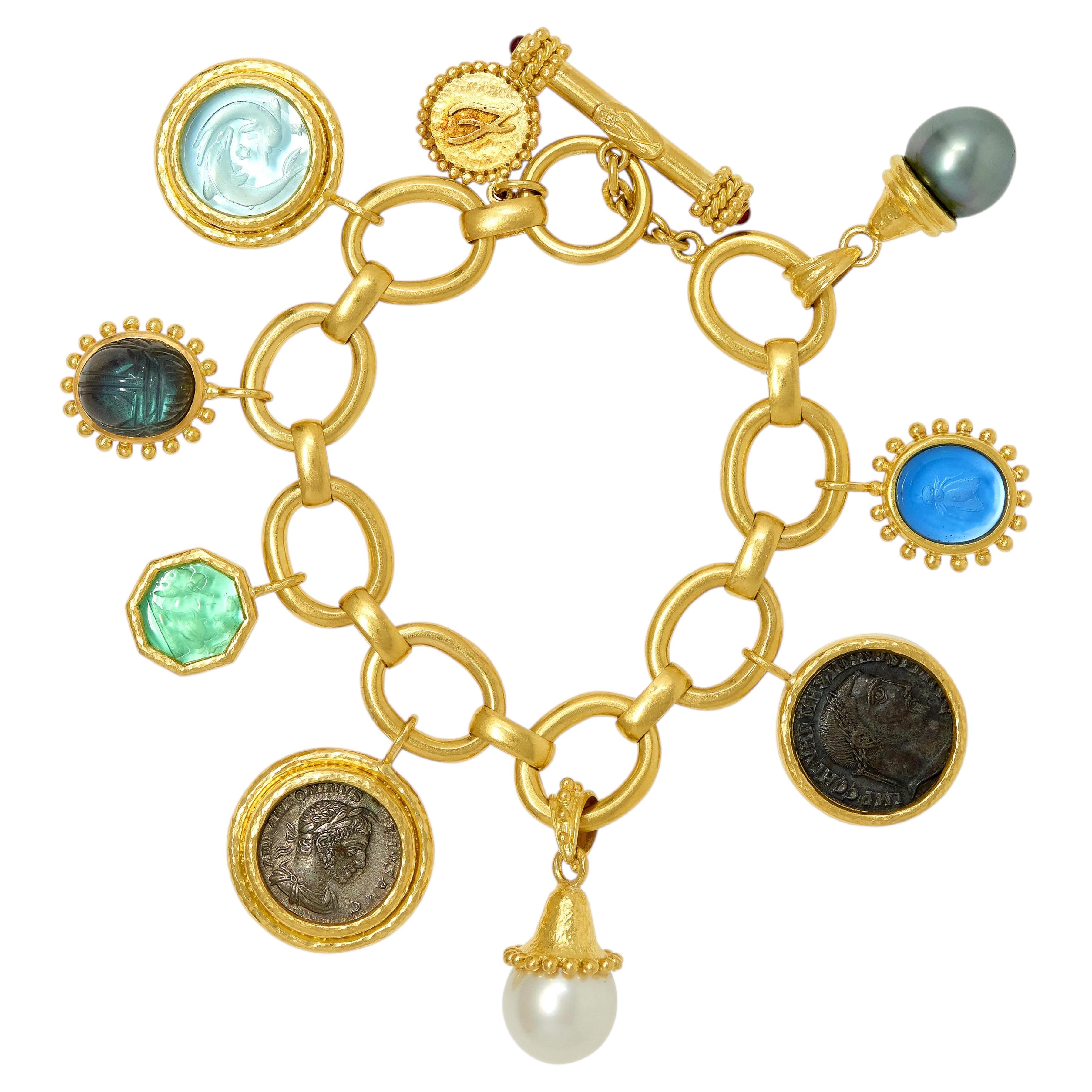 Elizabeth Locke 2000's Multi-Gem 19 Karat Yellow Gold Intaglio Charm Bracelet