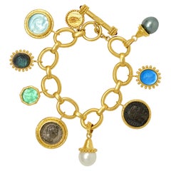 Elizabeth Locke 2000's Multi-Gem 19 Karat Yellow Gold Intaglio Charm Bracelet