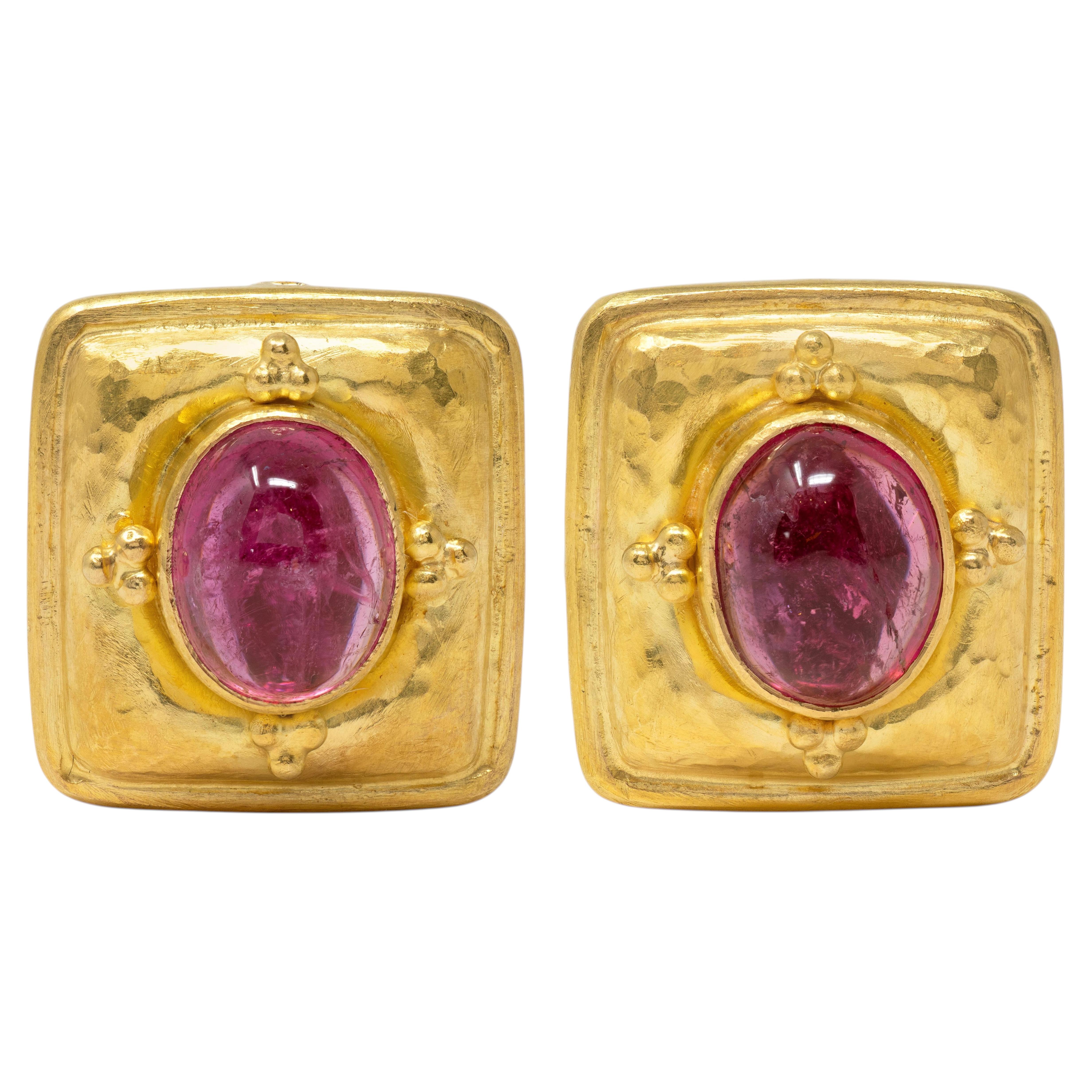 Elizabeth Locke 2000's Tourmaline 18 Karat Yellow Gold Cushion Earrings