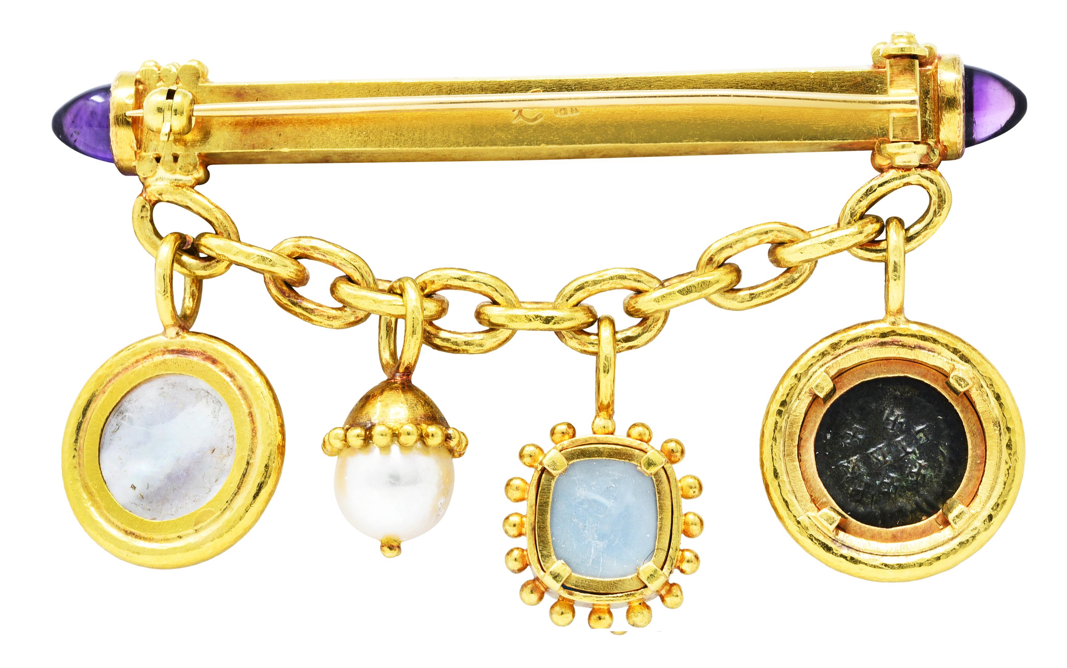 Contemporary Elizabeth Locke Amethyst Pearl 18 Karat Gold Swagged Charm Bar Brooch