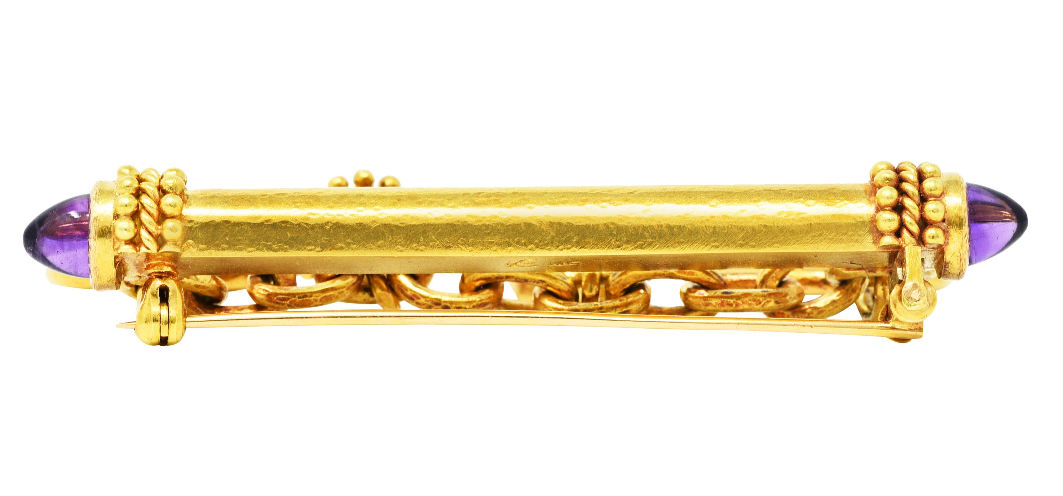 Women's or Men's Elizabeth Locke Amethyst Pearl 18 Karat Gold Swagged Charm Bar Brooch