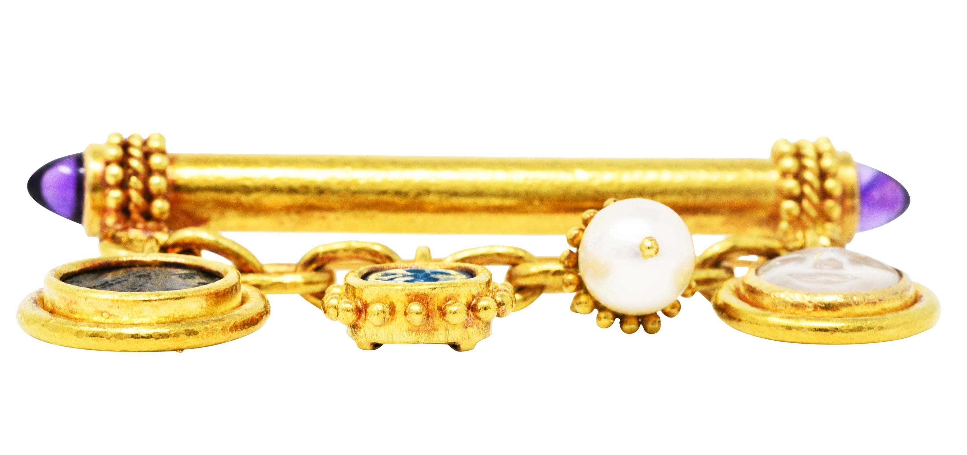 Elizabeth Locke Amethyst Pearl 18 Karat Gold Swagged Charm Bar Brooch 2