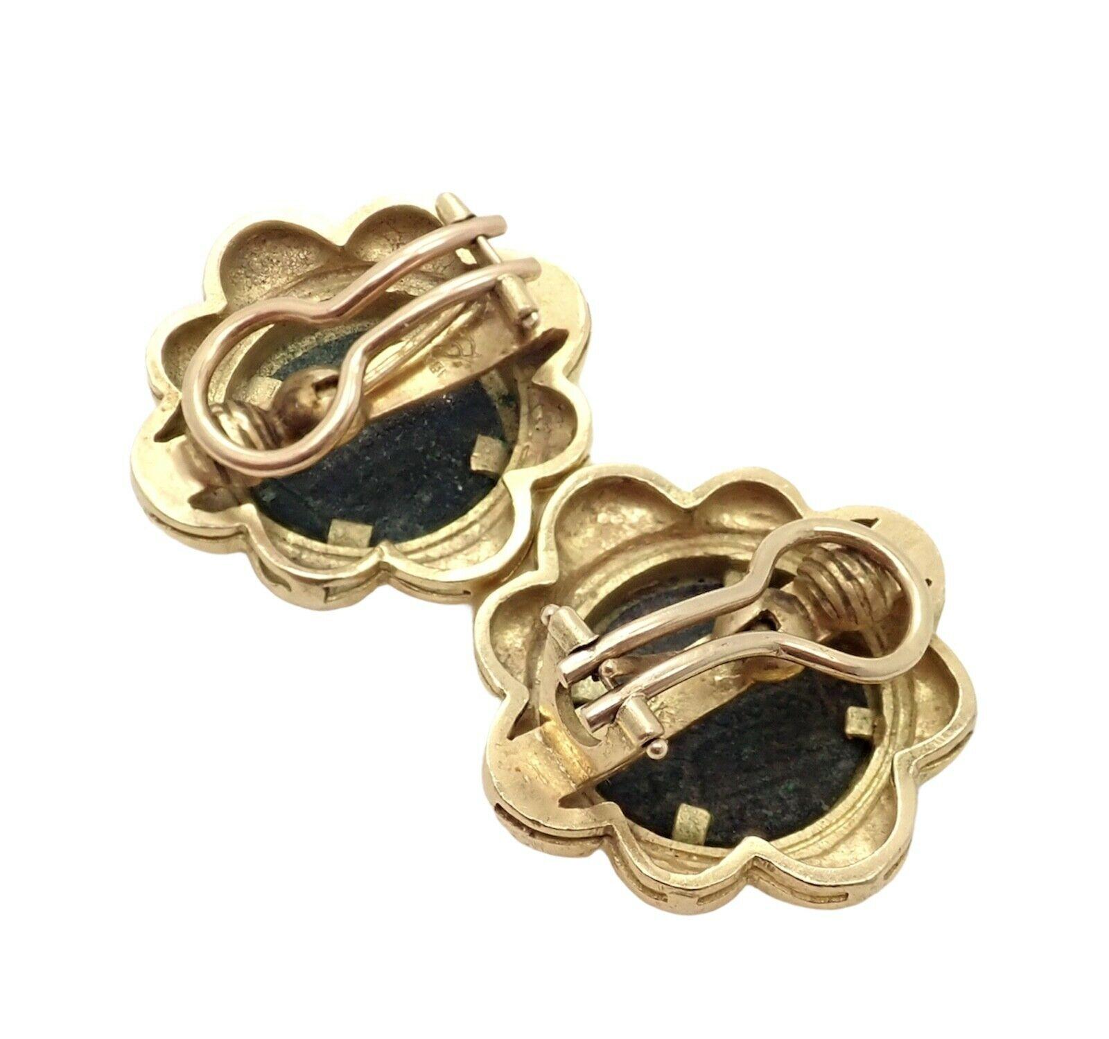 18k Yellow Gold Ancient Coin Earrings by Elizabeth Locke. 
With 2 Ancient Coins 
Collapsible posts with omega backs. 
Details:
Weight: 30.6 grams
Measurements: 30mm
Stamped Hallmarks: 18k Hallmark for Elizabeth Locke
*Free Shipping within the United