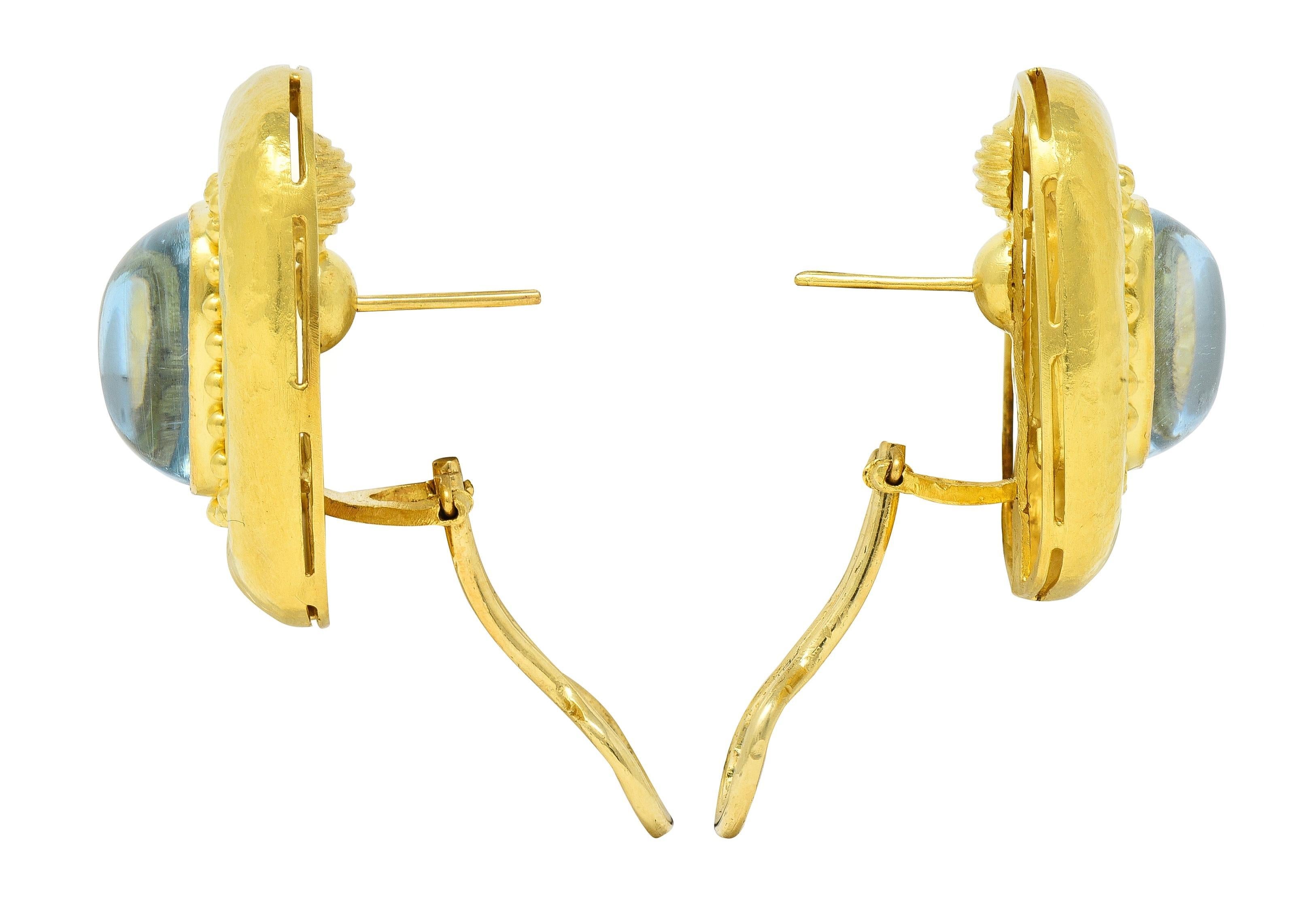 Women's or Men's Elizabeth Locke Aquamarine Cabochon 18 Karat Yellow Gold Hammered Earrings For Sale