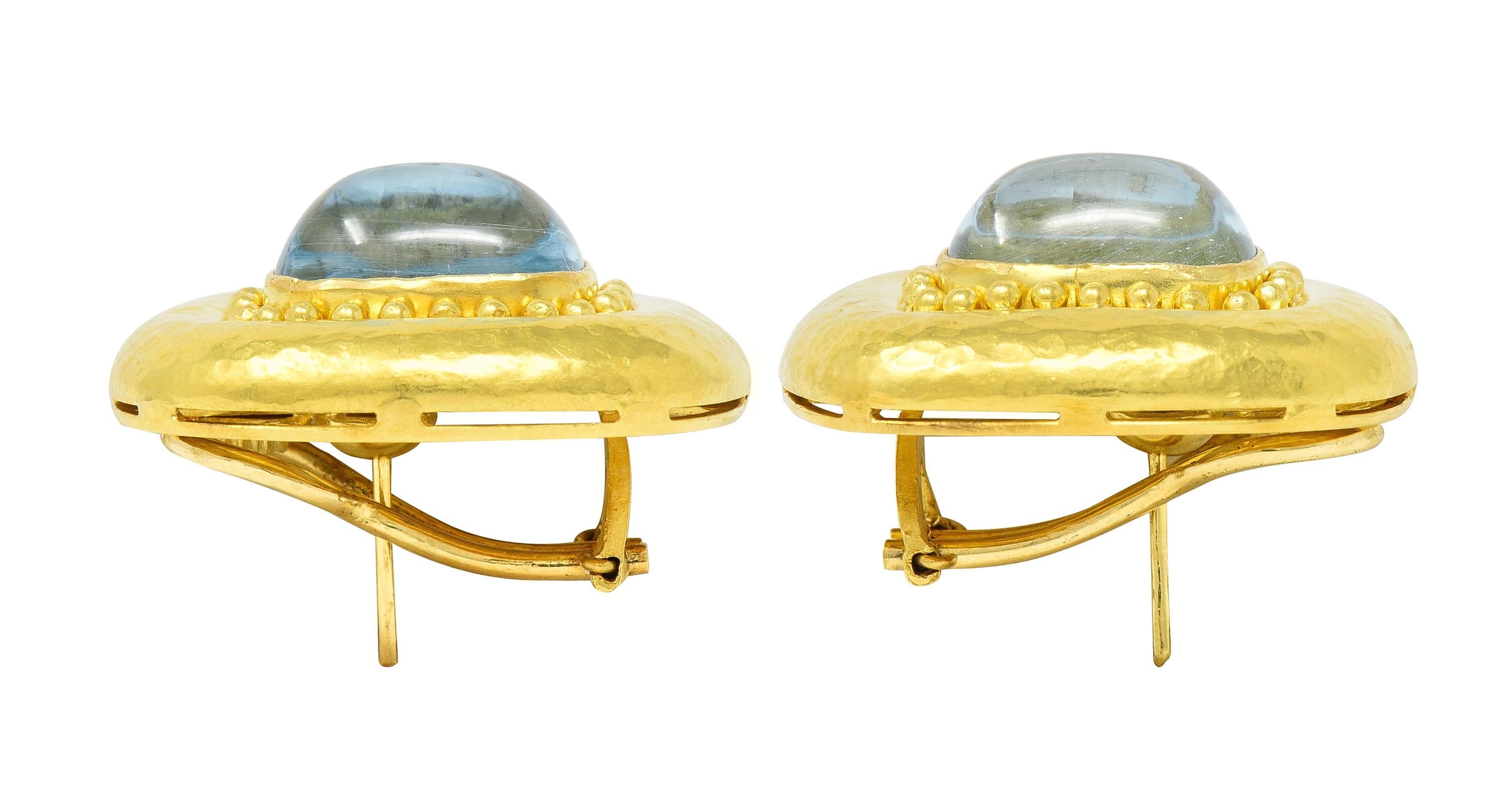 Elizabeth Locke Aquamarine Cabochon 18 Karat Yellow Gold Hammered Earrings For Sale 2