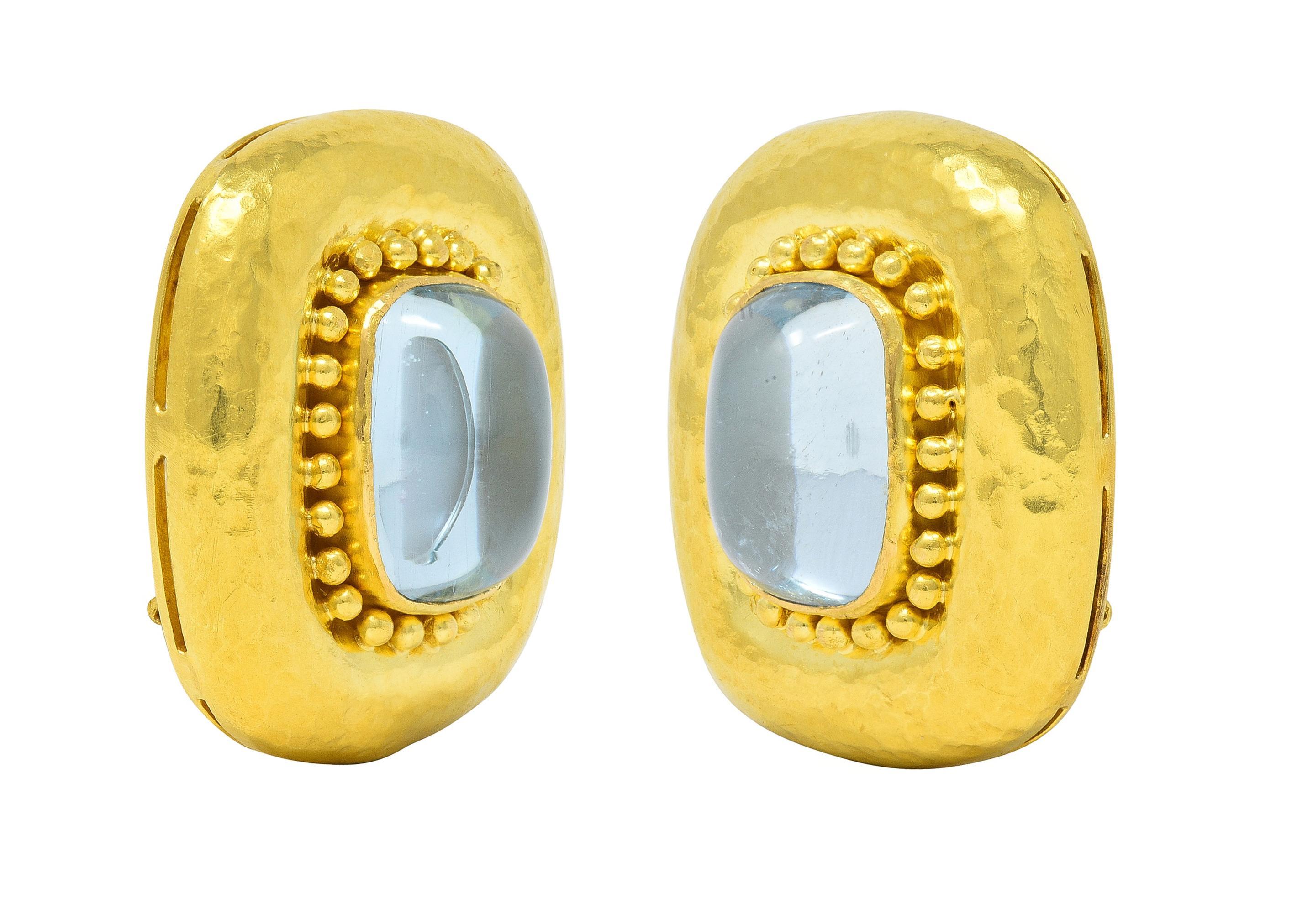 Elizabeth Locke Aquamarine Cabochon 18 Karat Yellow Gold Hammered Earrings For Sale 3
