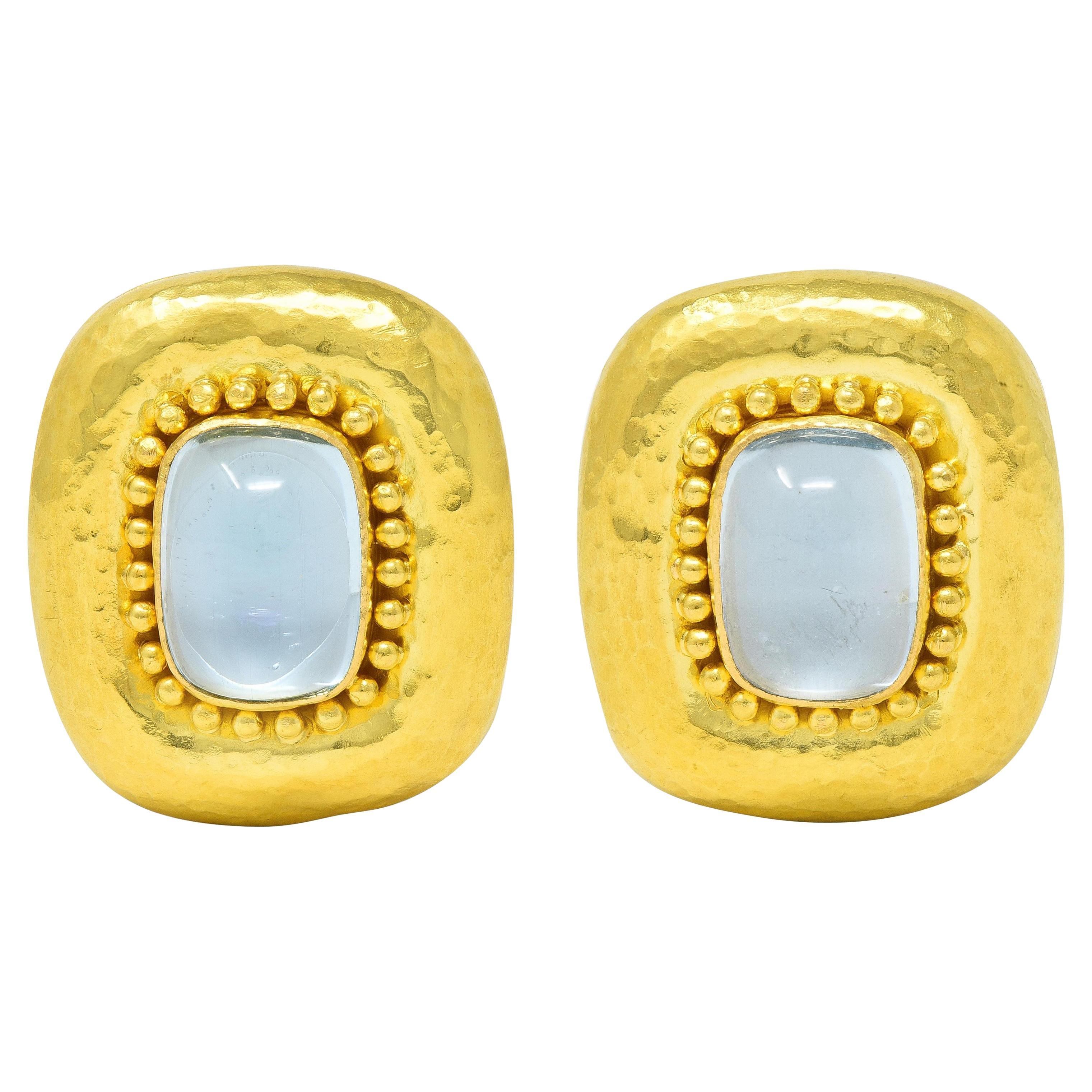 Elizabeth Locke Aquamarine Cabochon 18 Karat Yellow Gold Hammered Earrings For Sale