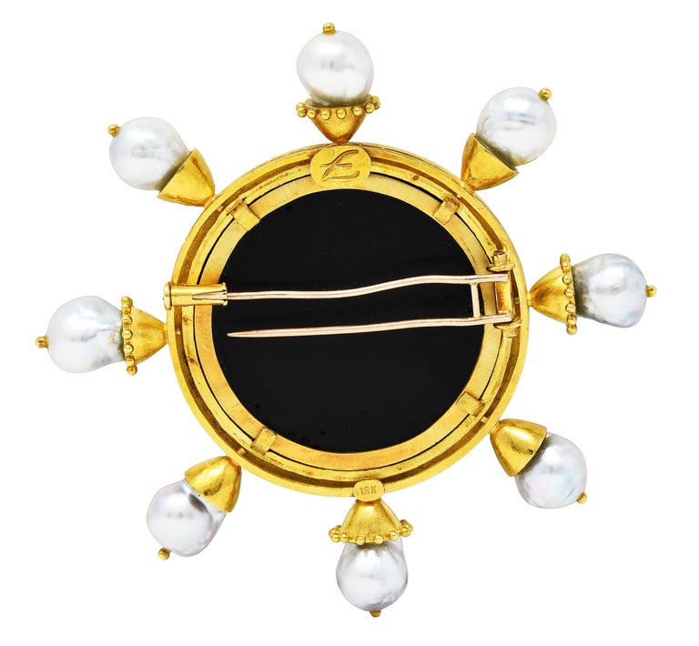 Contemporary Elizabeth Locke Baroque Pearl Black Venetian Glass 18 Karat Yellow Brooch For Sale