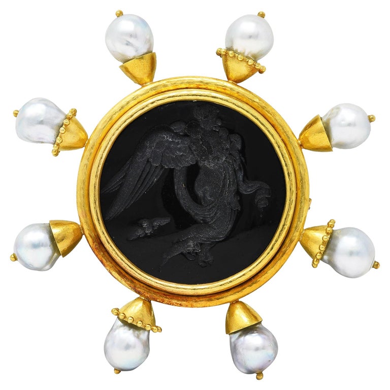 Elizabeth Locke Baroque Pearl Black Venetian Glass 18 Karat Yellow Brooch For Sale