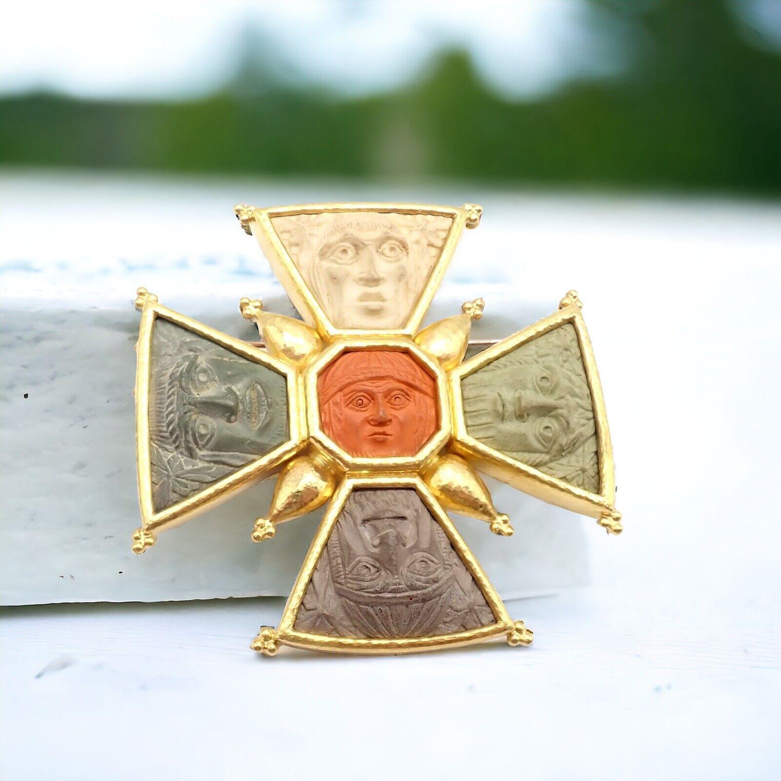 18k Yellow Gold Bomarzo 5 Faces Maltese Cross Brooch Pin Pendant by Elizabeth Locke. 
The Elizabeth Locke 18k Yellow Gold Bomarzo Brooch Pendant features a Maltese Cross design with five intricately carved stone faces, each set within a robust frame