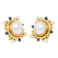 Elizabeth Locke Button Pearl Sapphire 18 Karat Yellow Gold Earrings