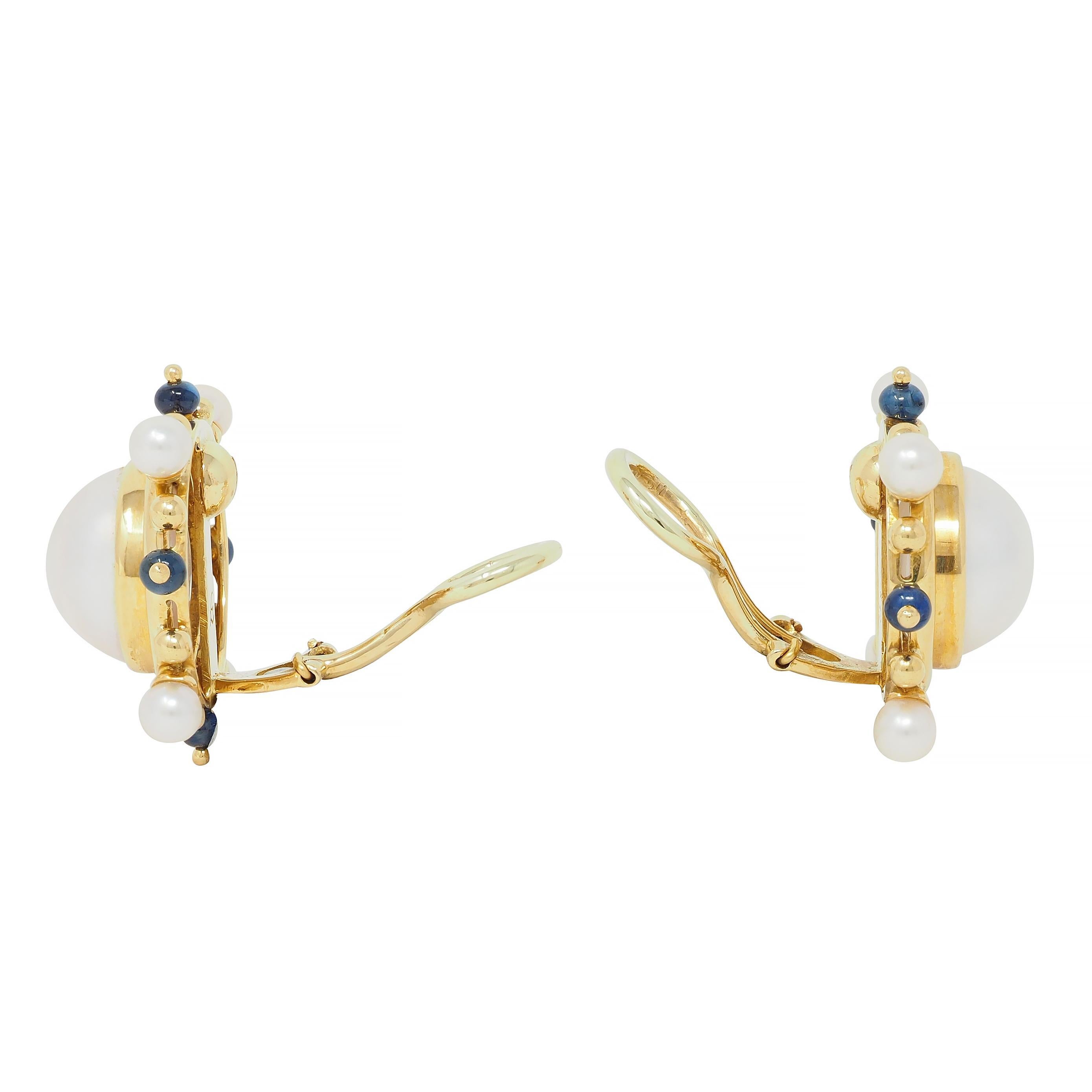 Elizabeth Locke Button Pearl Sapphire 18 Karat Yellow Gold Earrings 1