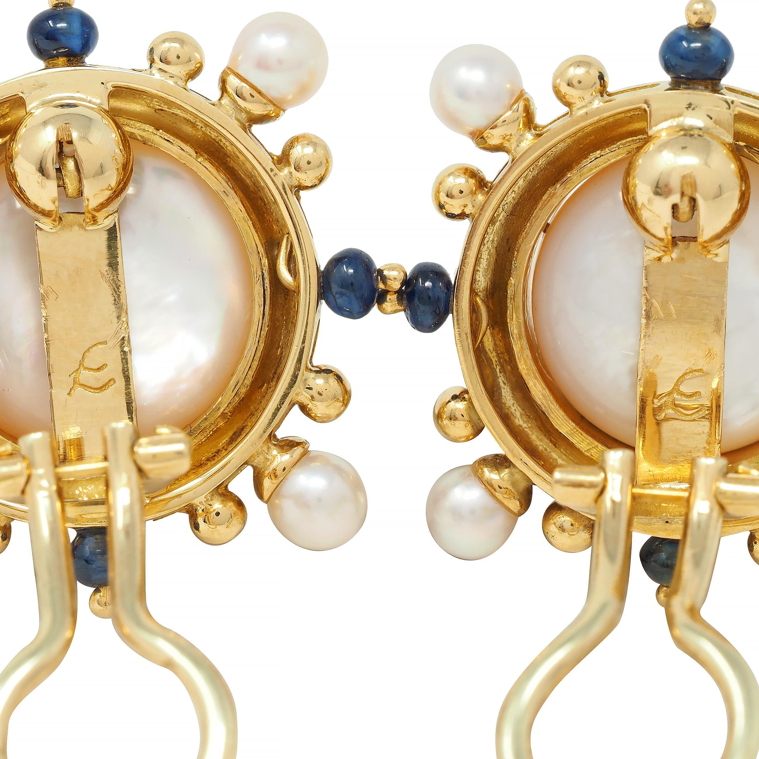 Elizabeth Locke Button Pearl Sapphire 18 Karat Yellow Gold Earrings 3