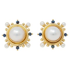 Elizabeth Locke Button Pearl Sapphire 18 Karat Yellow Gold Earrings
