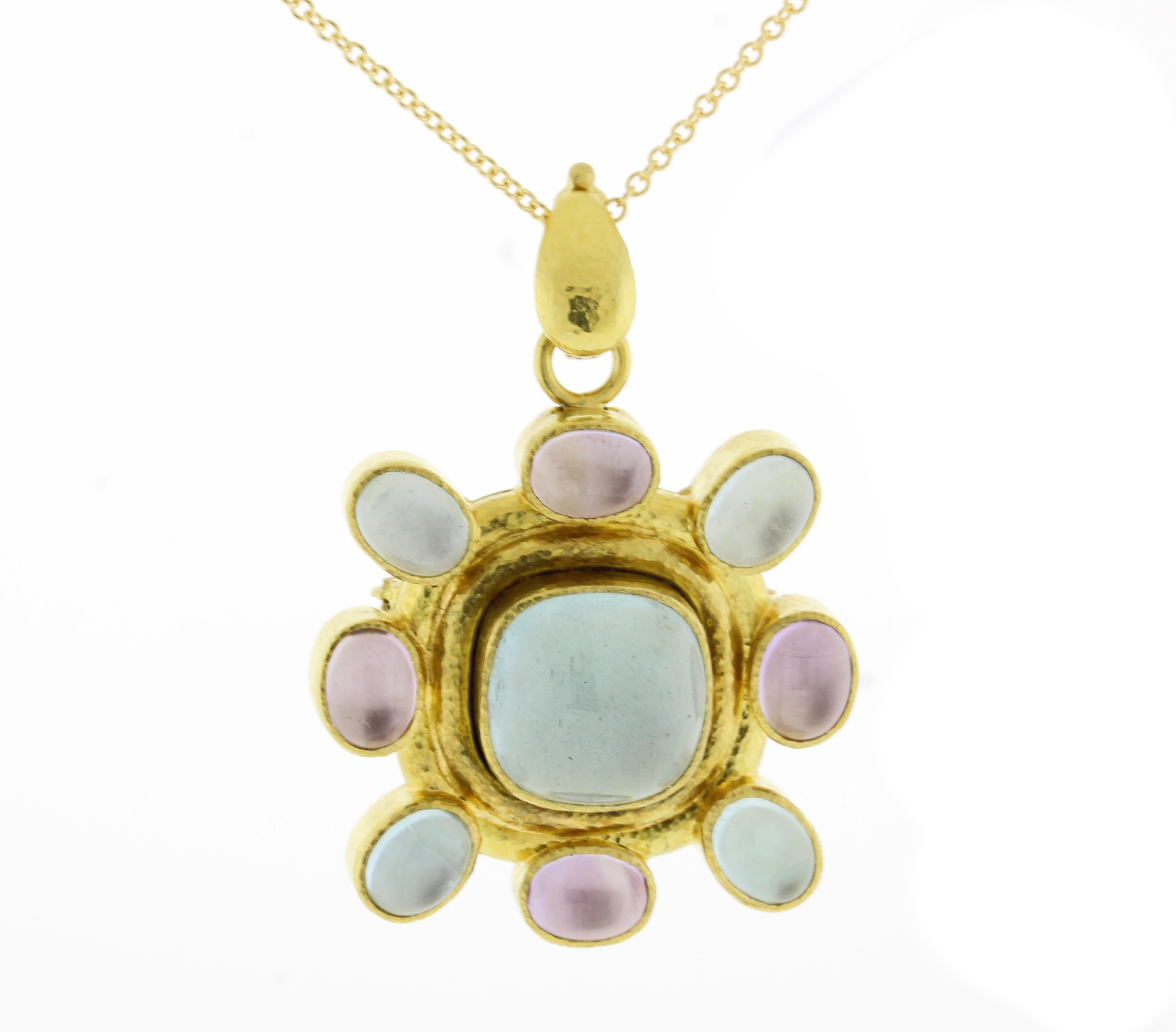 From Elizabeth Locke, this 19kt gold brooch/pendant has 1 large center cabochon aquamarine with 8 smaller cabochons, 4 aquamarines and 4 amethysts.  All stones are backed with mother of pearl.
• Metal:19kt Yellow Gold	
• Circa: 21st Century
•