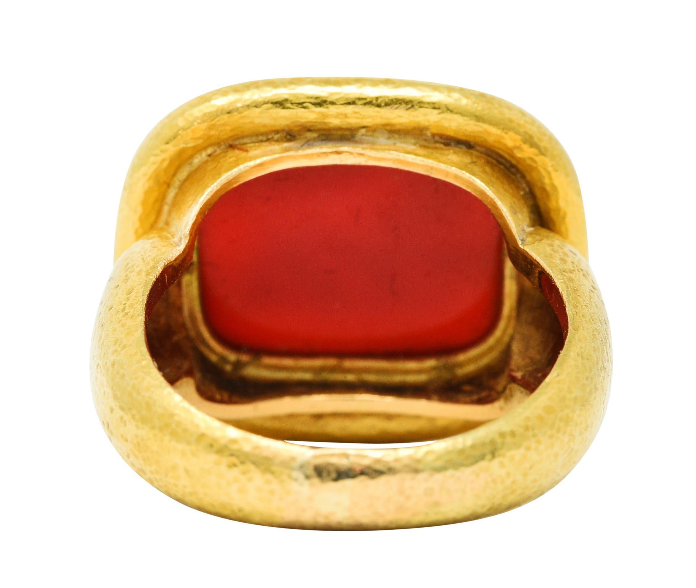 Cushion Cut Elizabeth Locke Carnelian Intaglio 18 Karat Yellow Gold Lion Signet Ring