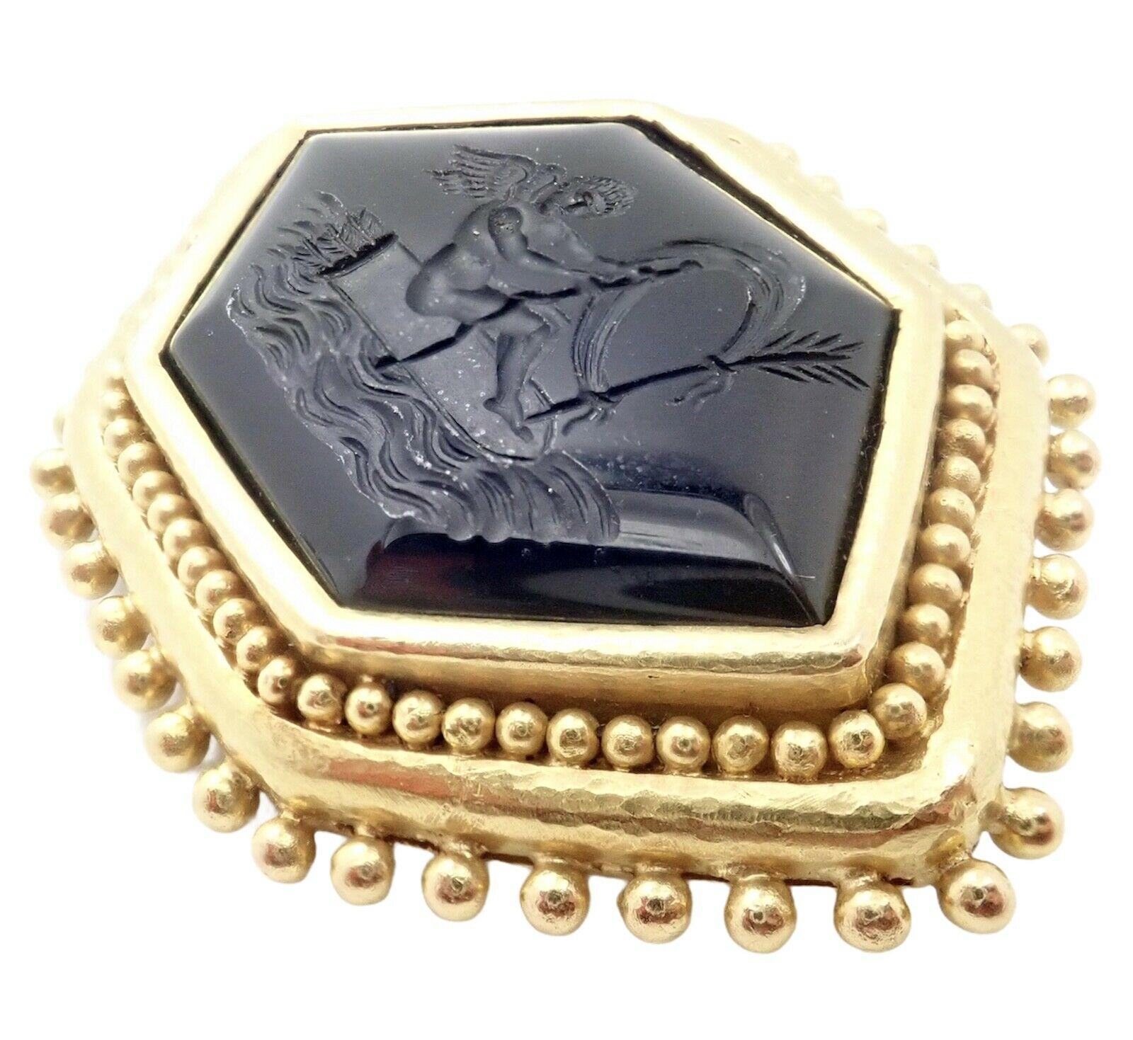 Uncut Elizabeth Locke Carved Black Agate Intaglio Yellow Gold Large Pin Brooch Pendant