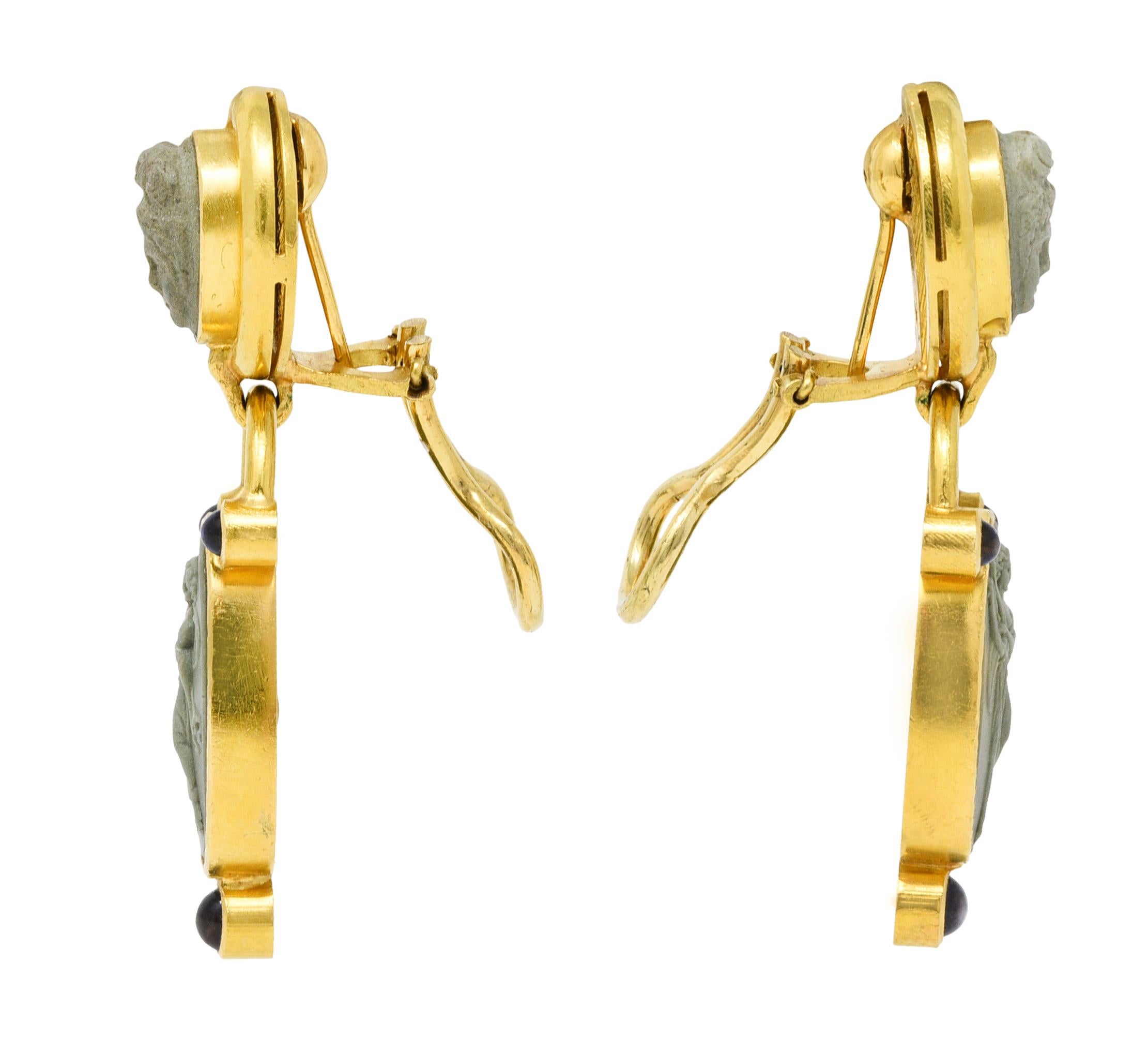 Contemporary Elizabeth Locke Carved Hardstone Iolite 18 Karat Gold Cameo Drop Earrings