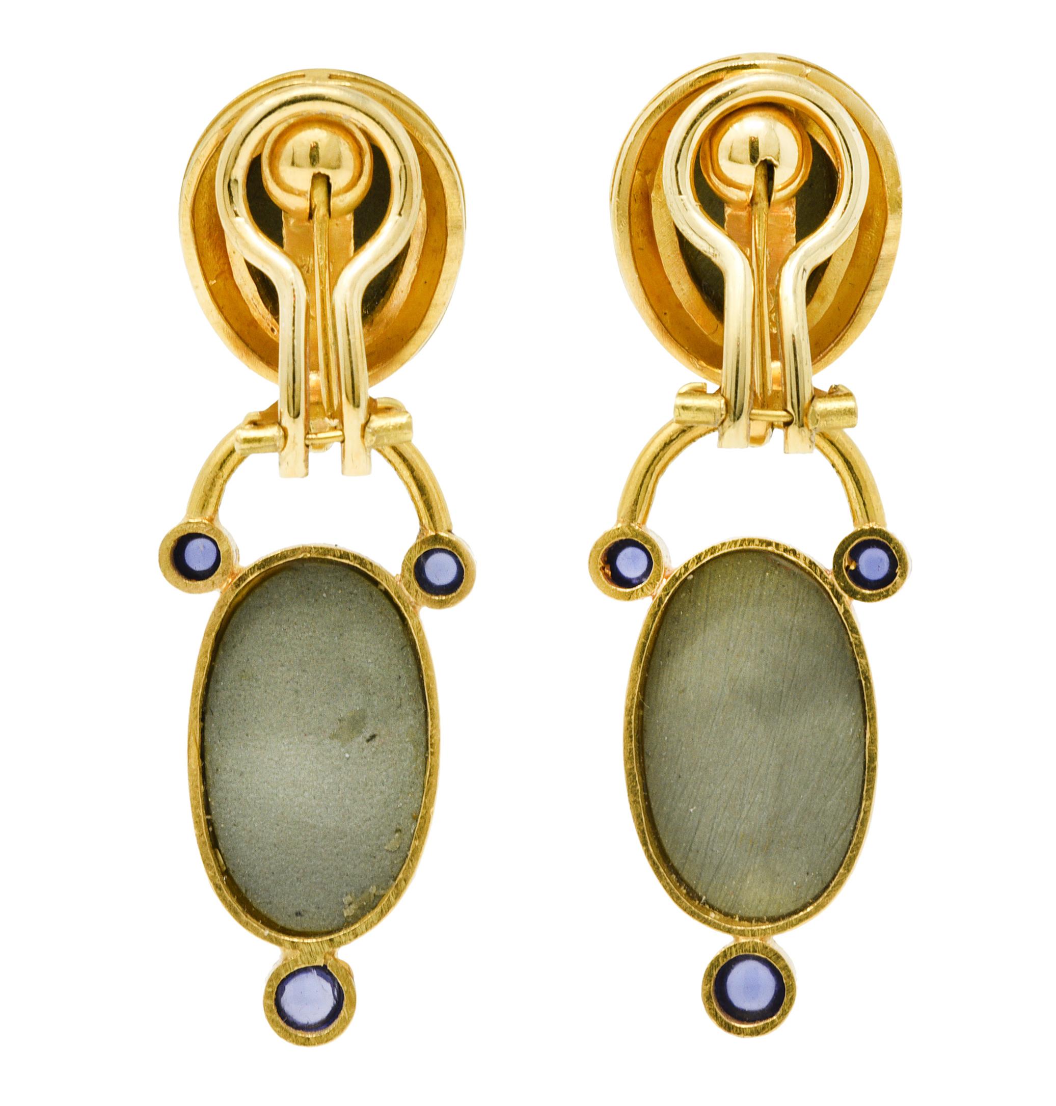 Cabochon Elizabeth Locke Carved Hardstone Iolite 18 Karat Gold Cameo Drop Earrings