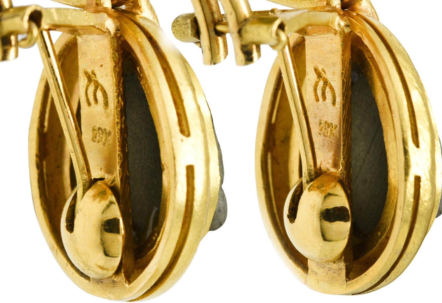 Elizabeth Locke Carved Hardstone Iolite 18 Karat Gold Cameo Drop Earrings In Excellent Condition In Philadelphia, PA
