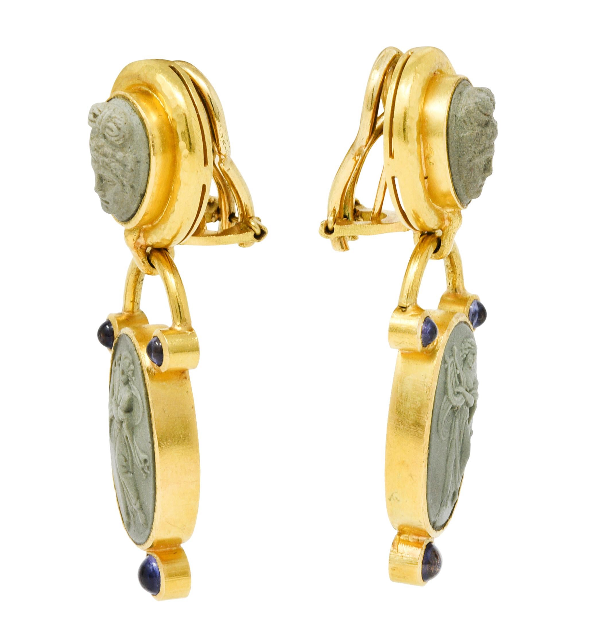 Women's or Men's Elizabeth Locke Carved Hardstone Iolite 18 Karat Gold Cameo Drop Earrings