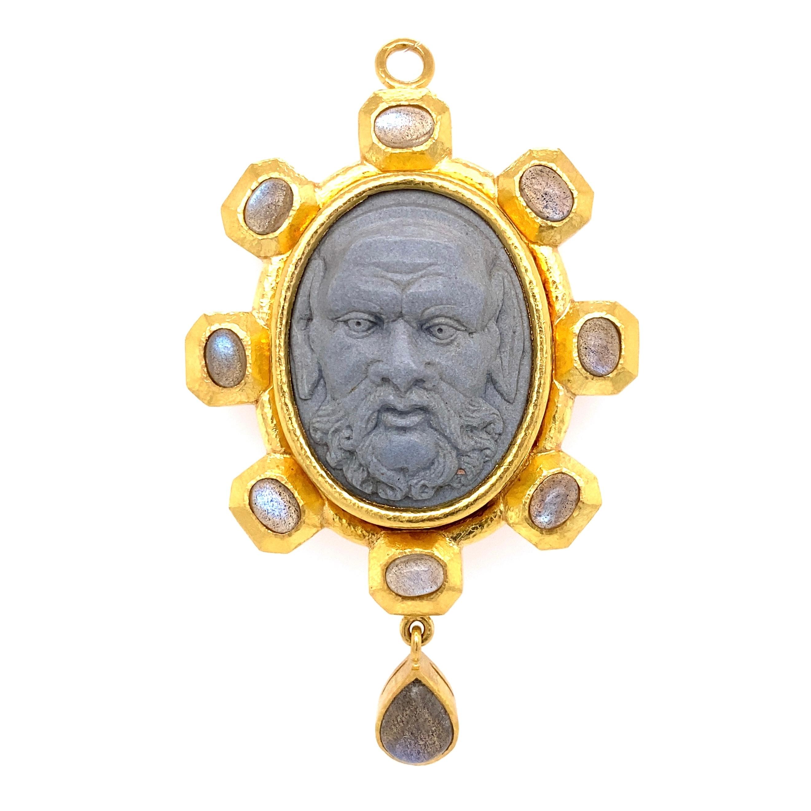 Simply Fabulous! Designer Signed Elizabeth Locke Carved Lava Cameo, depicting Jupiter, accented by 9 Moonstone, approx. 5.50tcw. Beautifully Hand crafted in 19K Yellow Gold. Measuring approx. 3” x 1.75. More Beautiful in real time! Classic and