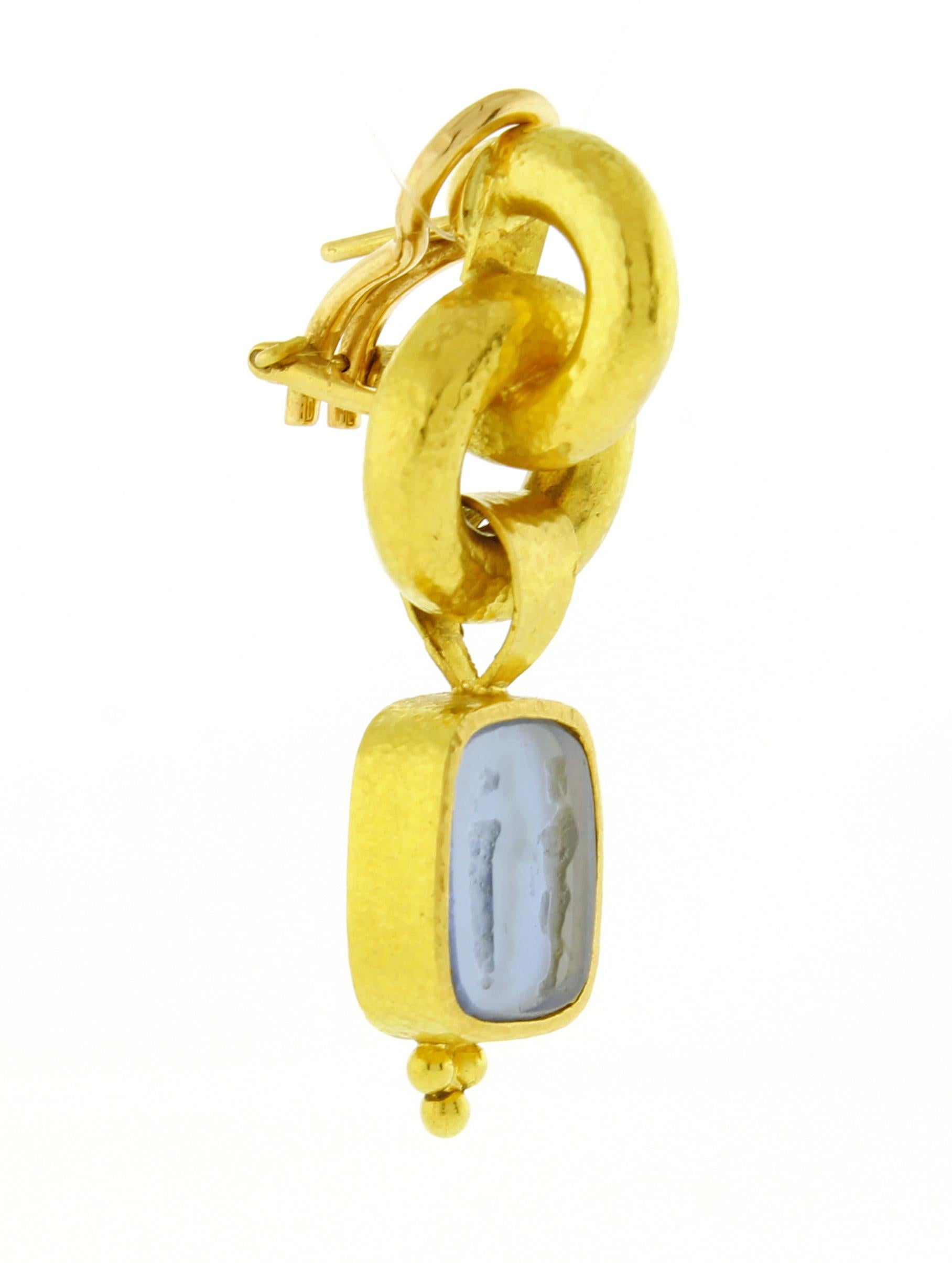 Elizabeth Locke Cerulean Venetian Glass Intaglio “God and Pillar” Earrings In Excellent Condition In Bethesda, MD