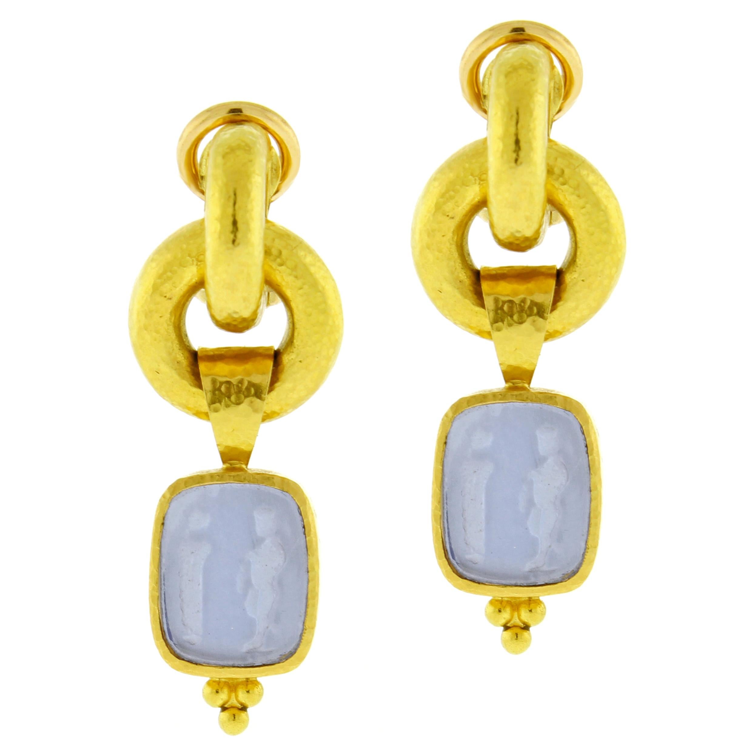 Elizabeth Locke Cerulean Venetian Glass Intaglio “God and Pillar” Earrings