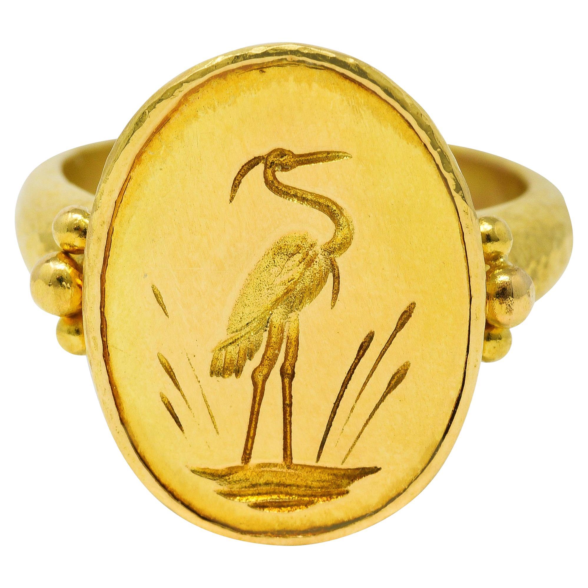 Elizabeth Locke Contemporary 19 Karat Yellow Gold Intaglio Crane Signet Ring
