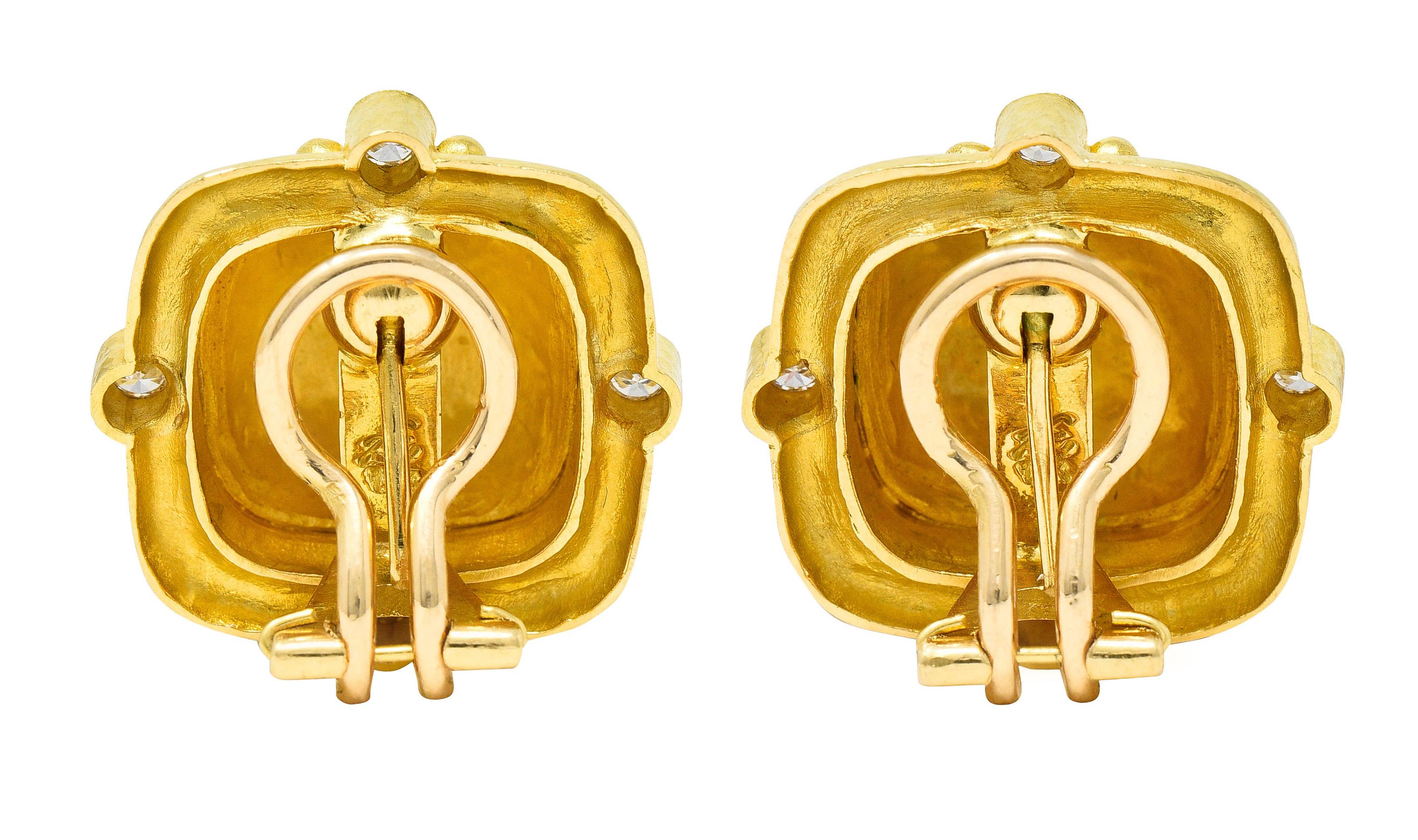 Contemporary Elizabeth Locke Diamond 19 Karat Hammered Yellow Gold Cushion Earrings