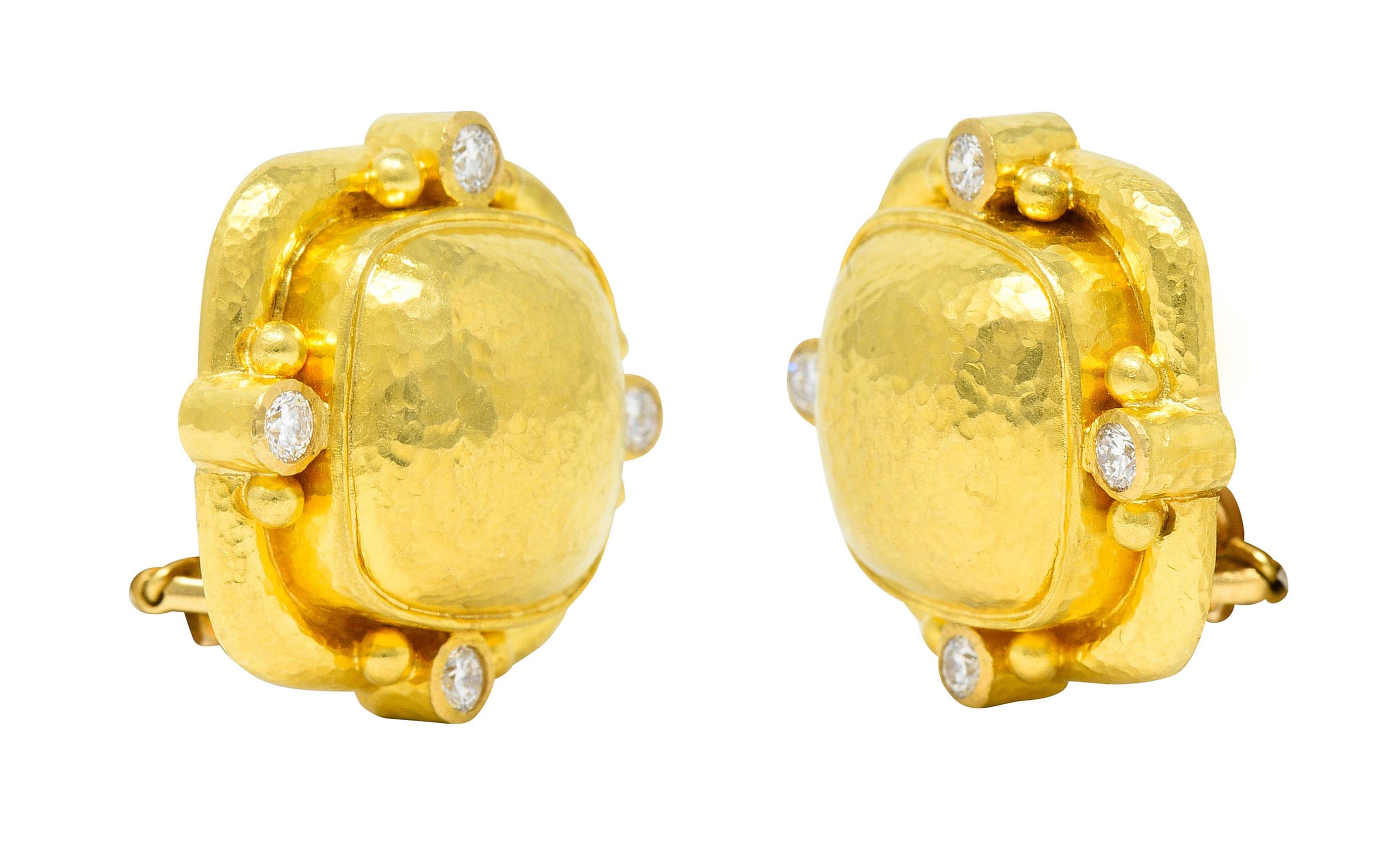 Contemporary Elizabeth Locke Diamond 19 Karat Hammered Yellow Gold Cushion Earrings