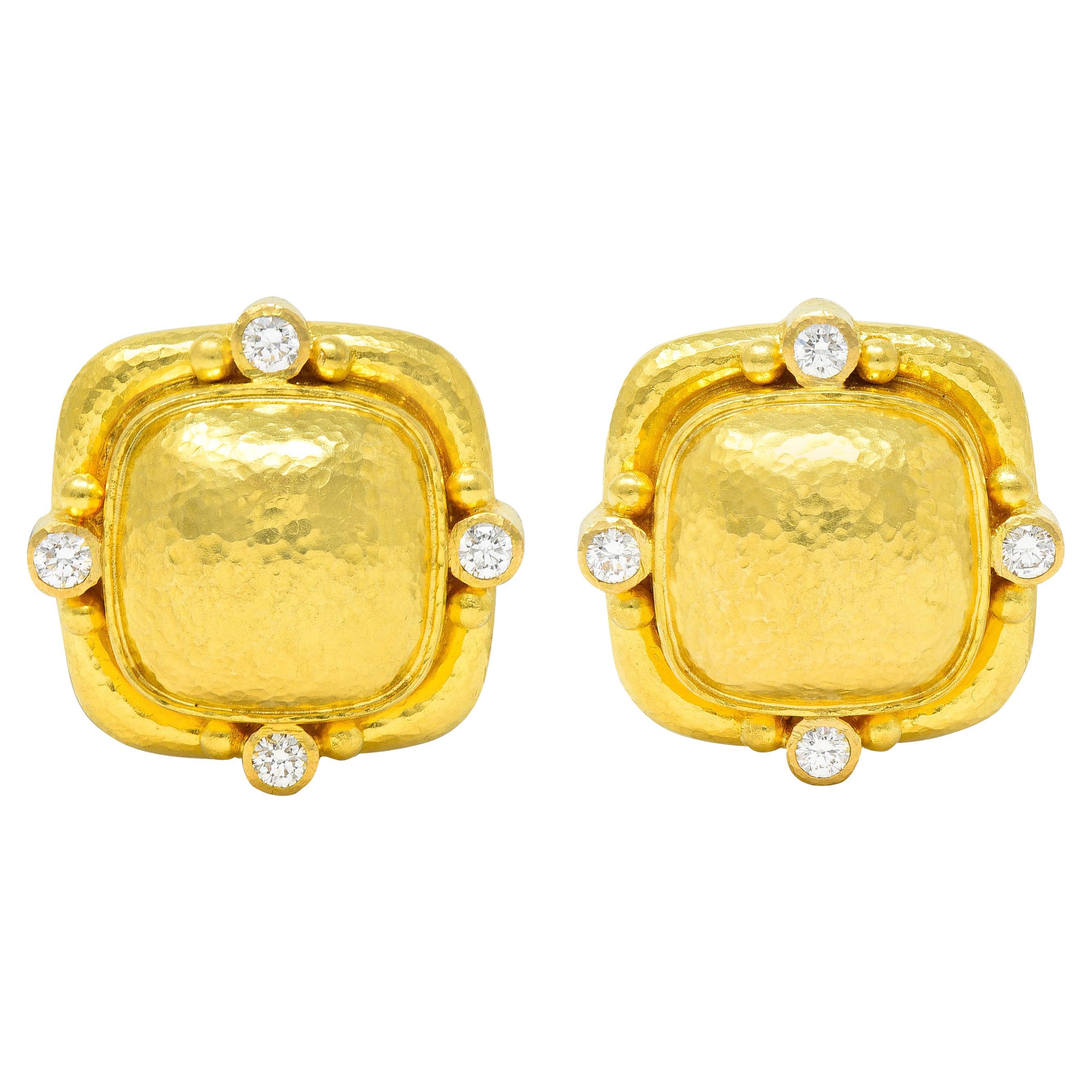 Elizabeth Locke Diamond 19 Karat Hammered Yellow Gold Cushion Earrings