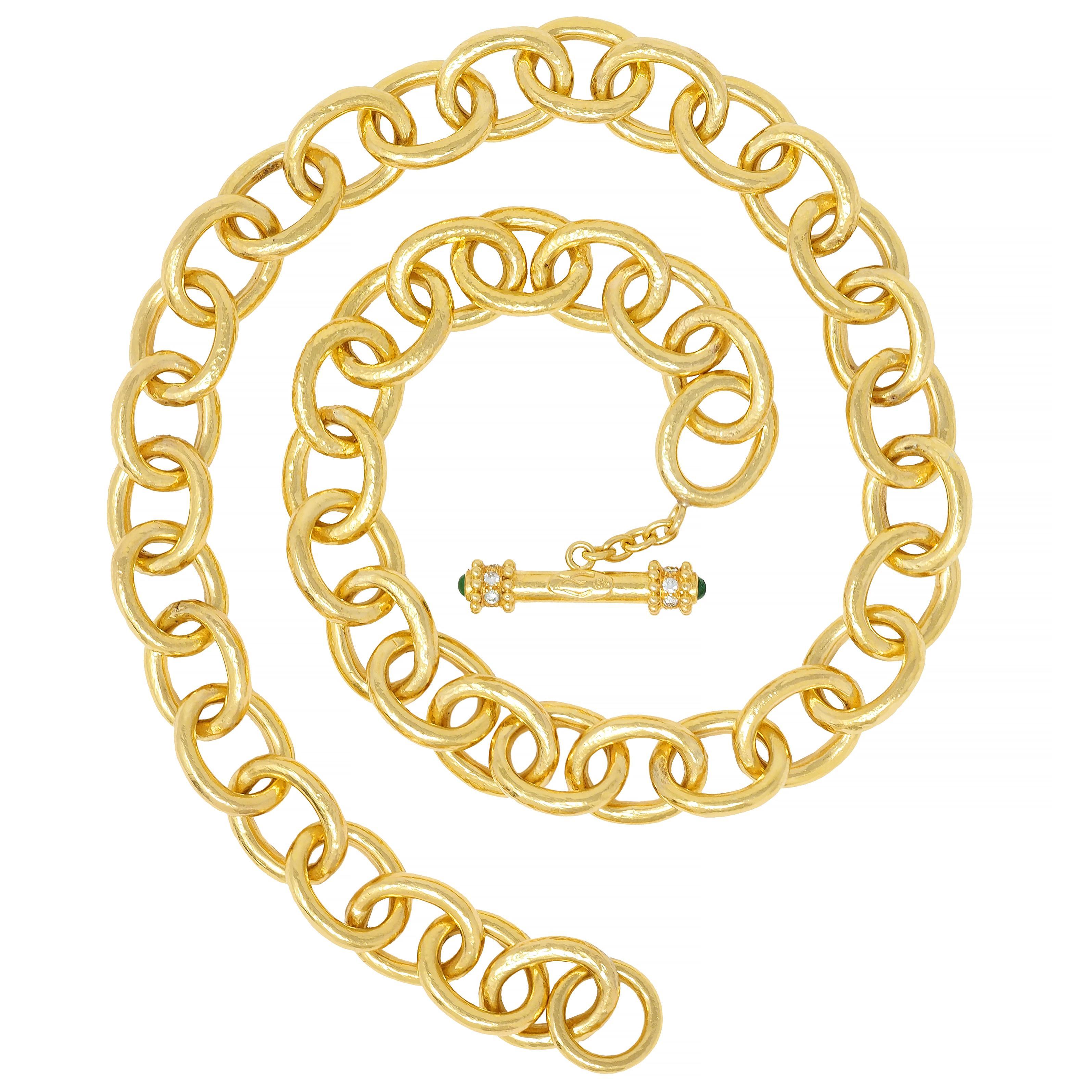 Designed as a cable link chain comprised of large oval-shaped hammered links 
With a stylized toggle clasp accented by round brilliant cut diamonds
Weighing approximately 0.36 carat total - eye clean and bright
Toggle terminates with 3.0 mm round