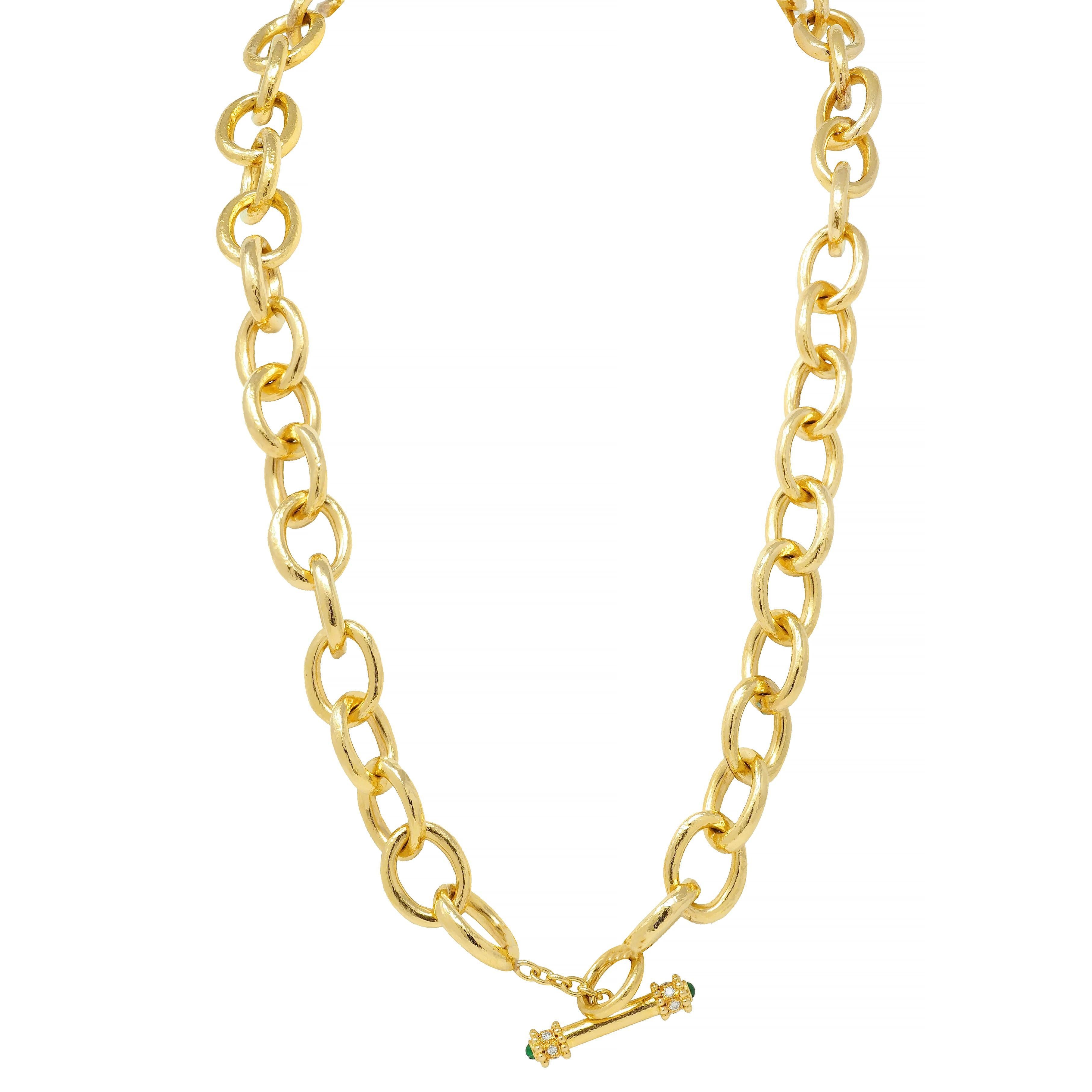 Women's or Men's Elizabeth Locke Diamond Emerald 18 Karat Yellow Gold Hammered Link Necklace For Sale
