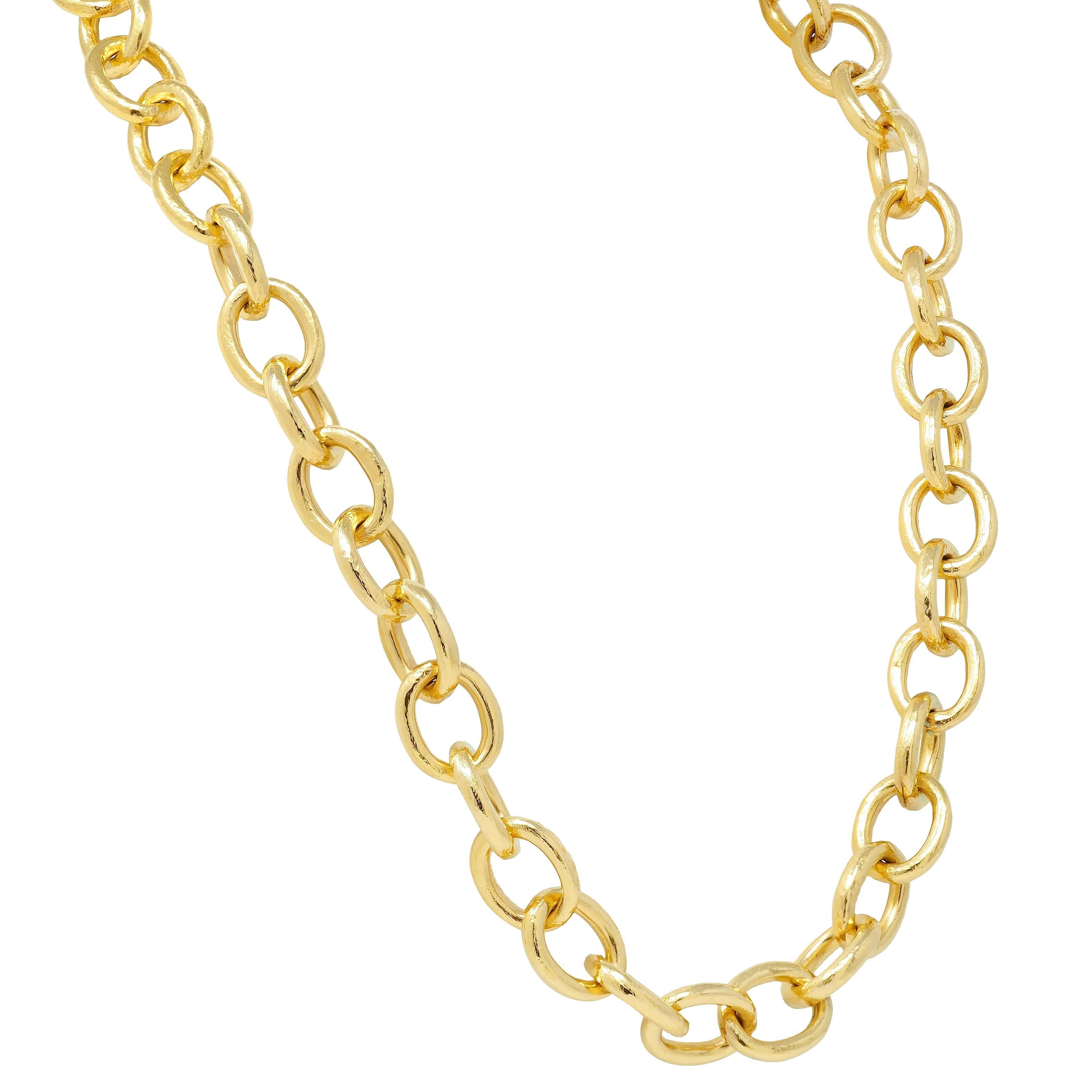 Elizabeth Locke Diamond Emerald 18 Karat Yellow Gold Hammered Link Necklace For Sale 1