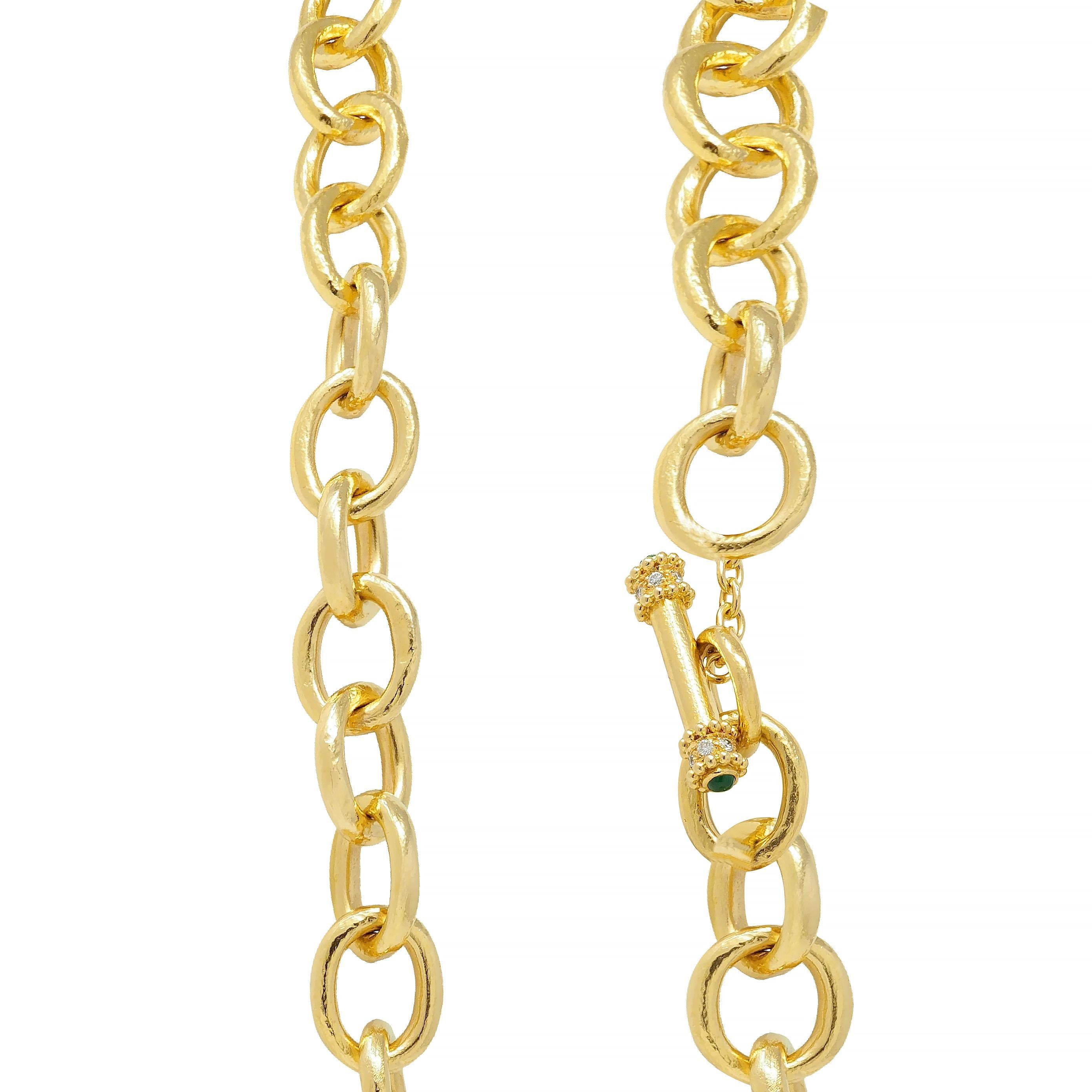 Elizabeth Locke Diamond Emerald 18 Karat Yellow Gold Hammered Link Necklace For Sale 2