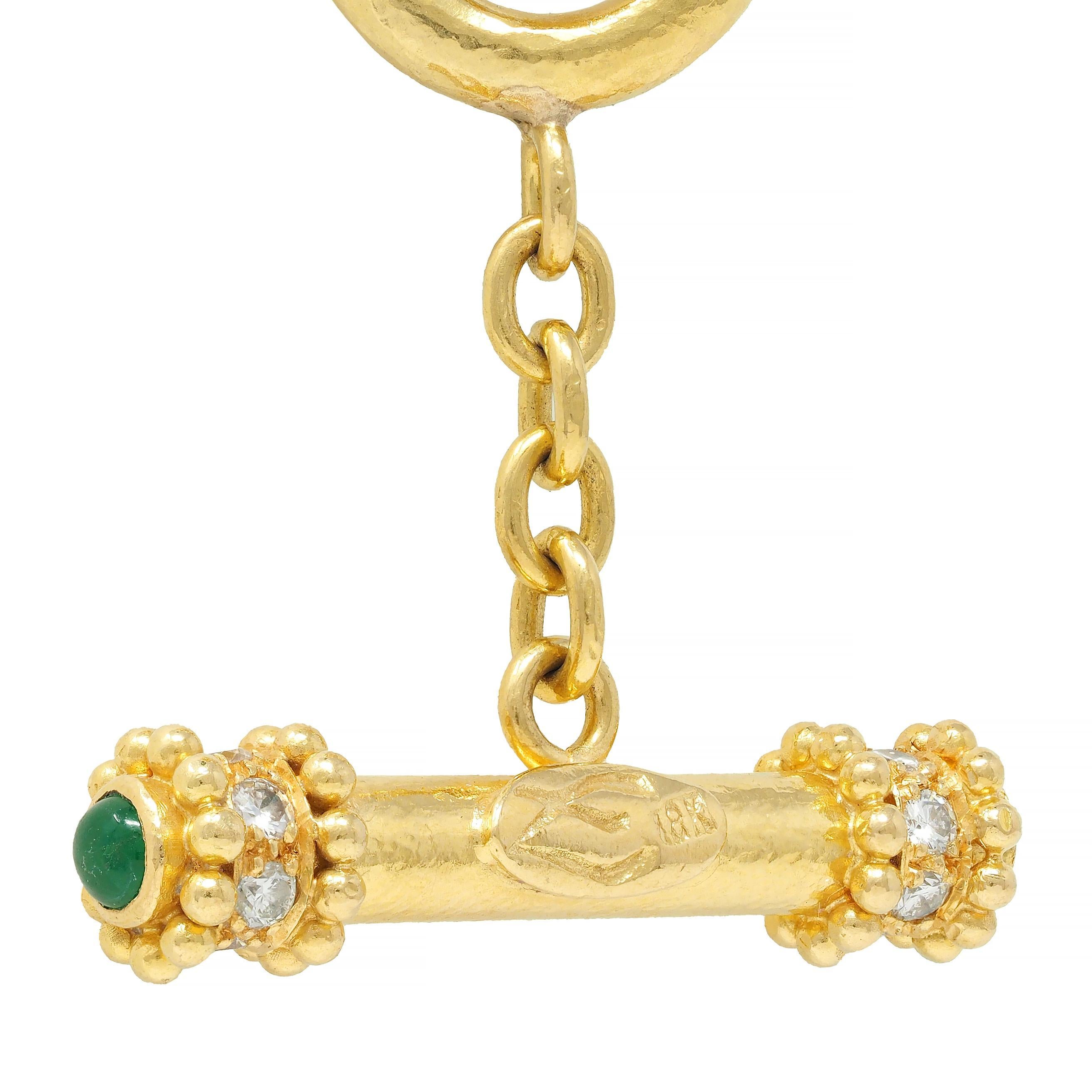 Elizabeth Locke Diamond Emerald 18 Karat Yellow Gold Hammered Link Necklace For Sale 3