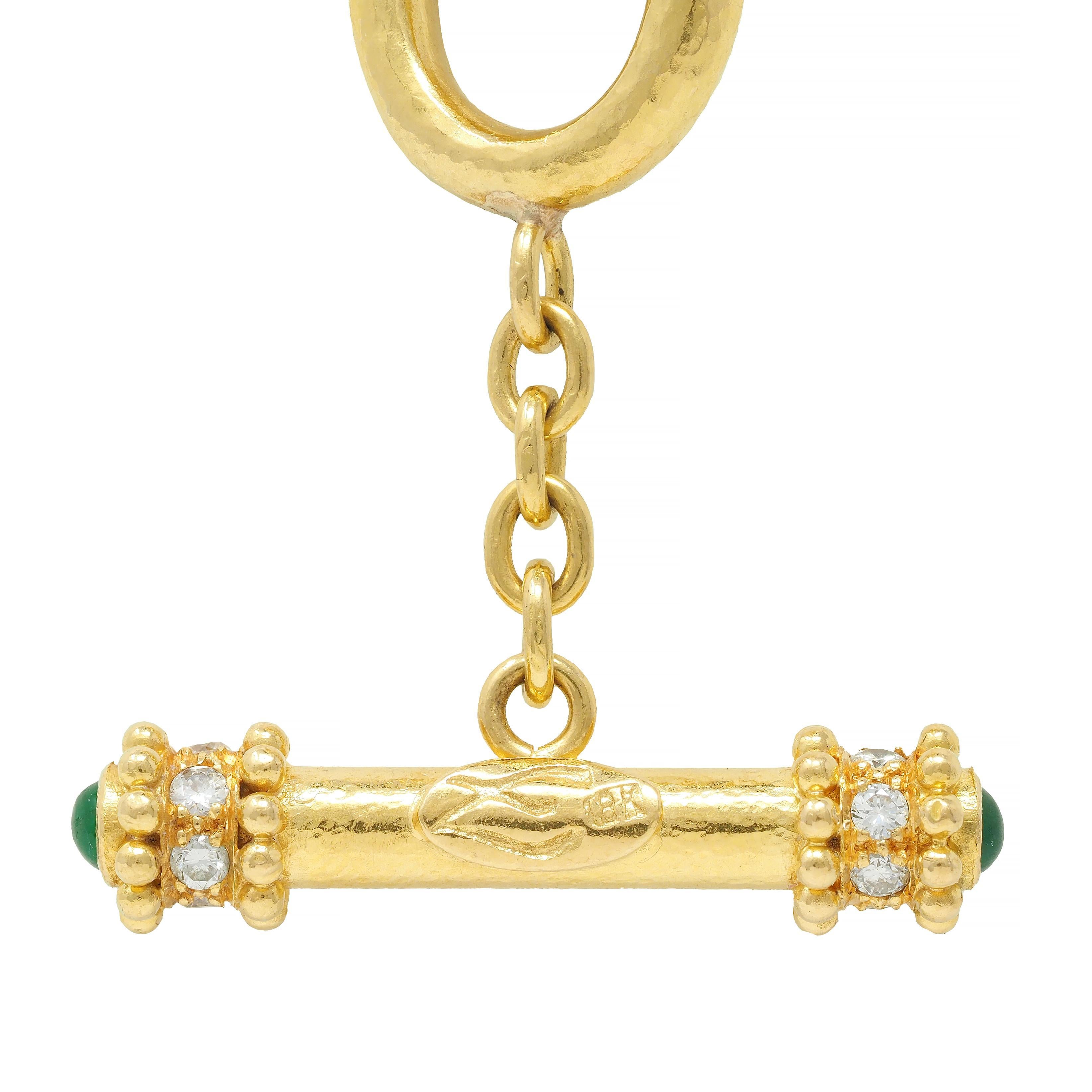 Elizabeth Locke Diamond Emerald 18 Karat Yellow Gold Hammered Link Necklace For Sale 4