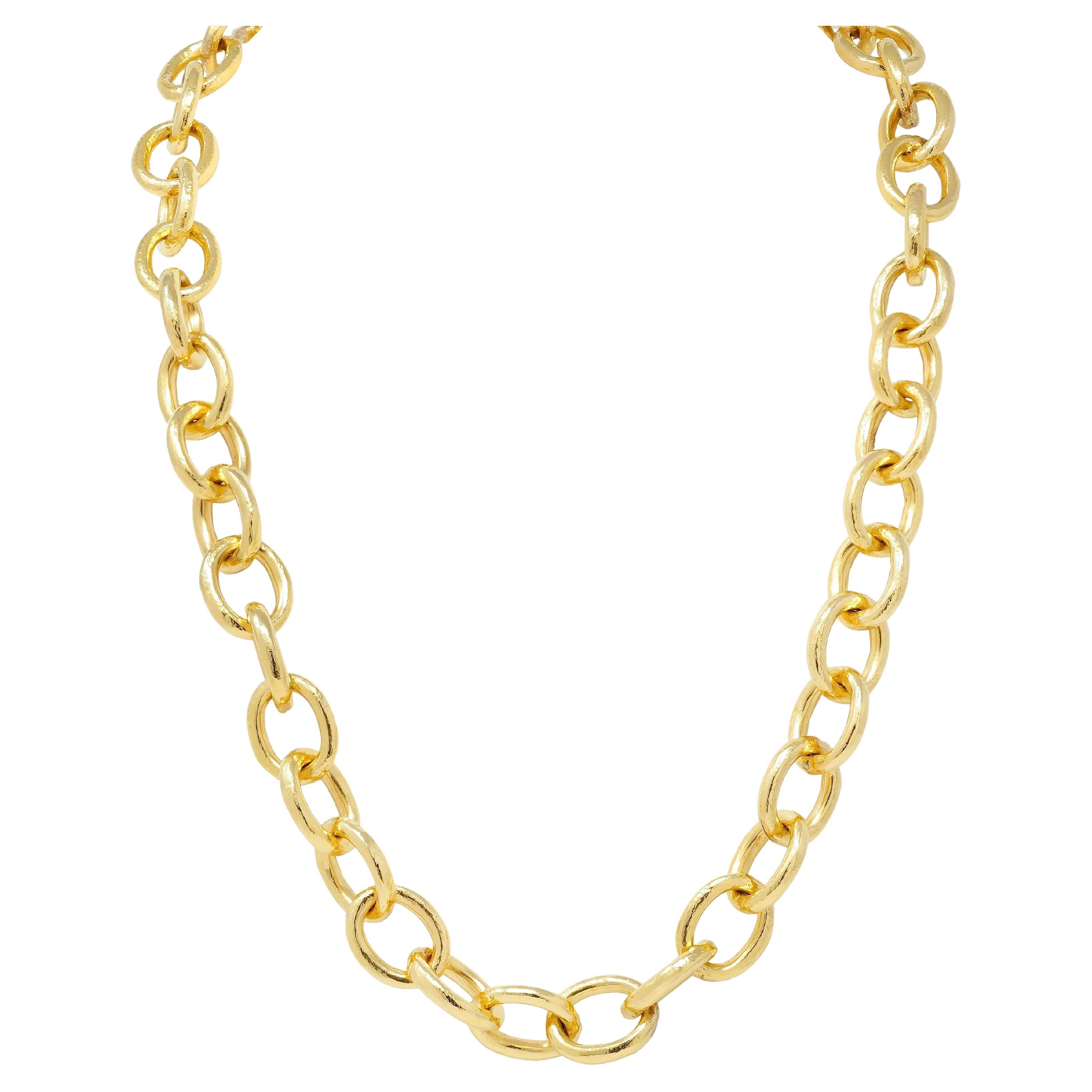 Elizabeth Locke Diamond Emerald 18 Karat Yellow Gold Hammered Link Necklace For Sale