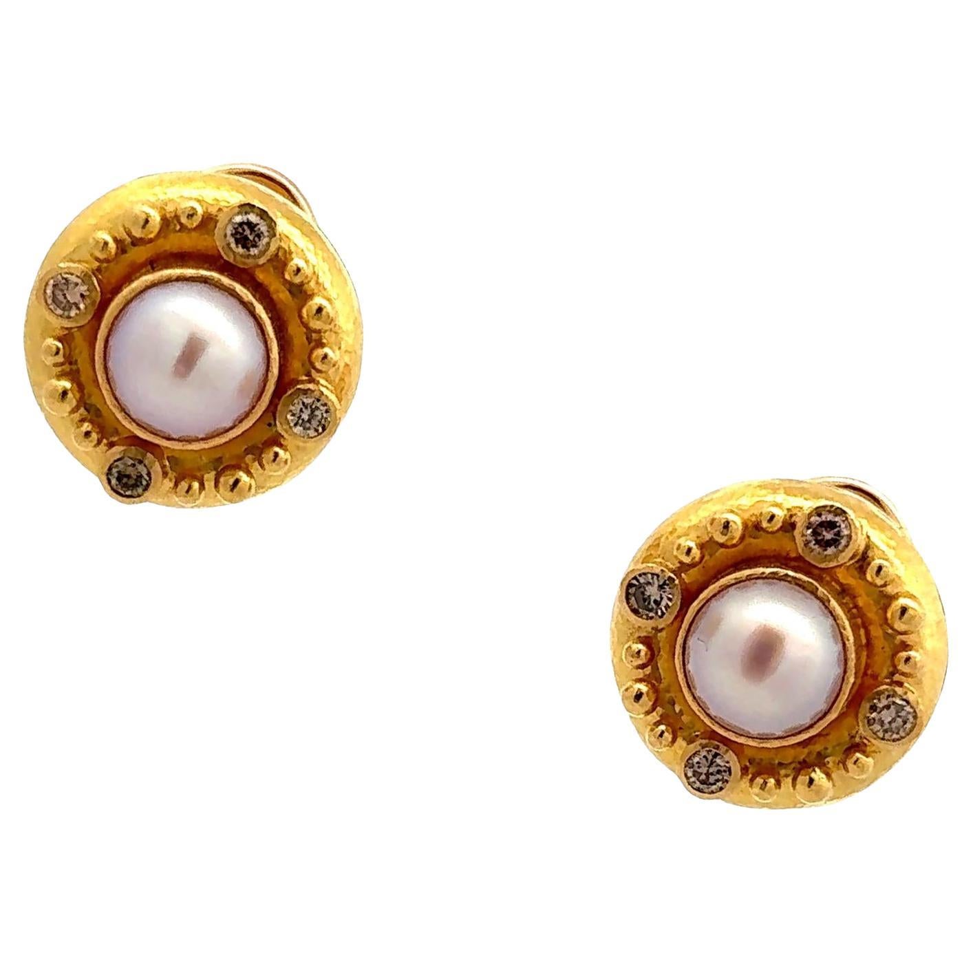 Elizabeth Locke Diamond Pearl 19 Karat Yellow Hammered Gold Clip-On Earrings