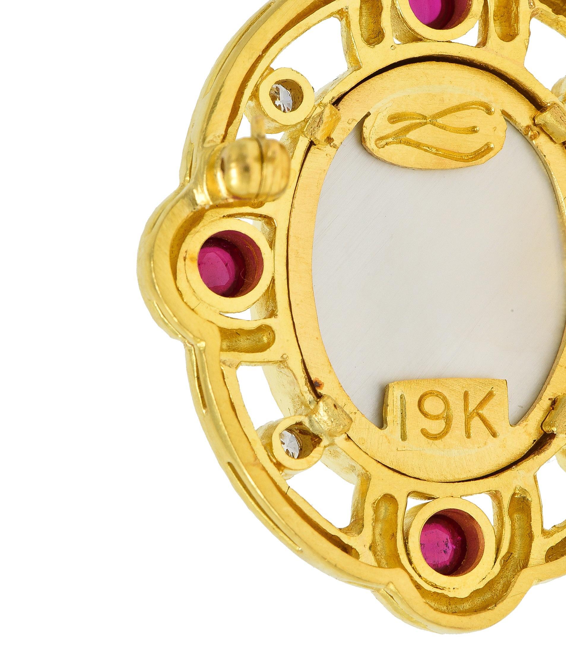 Women's or Men's Elizabeth Locke Diamond Ruby Enamel 19 Karat Gold Dog Pendant Brooch For Sale