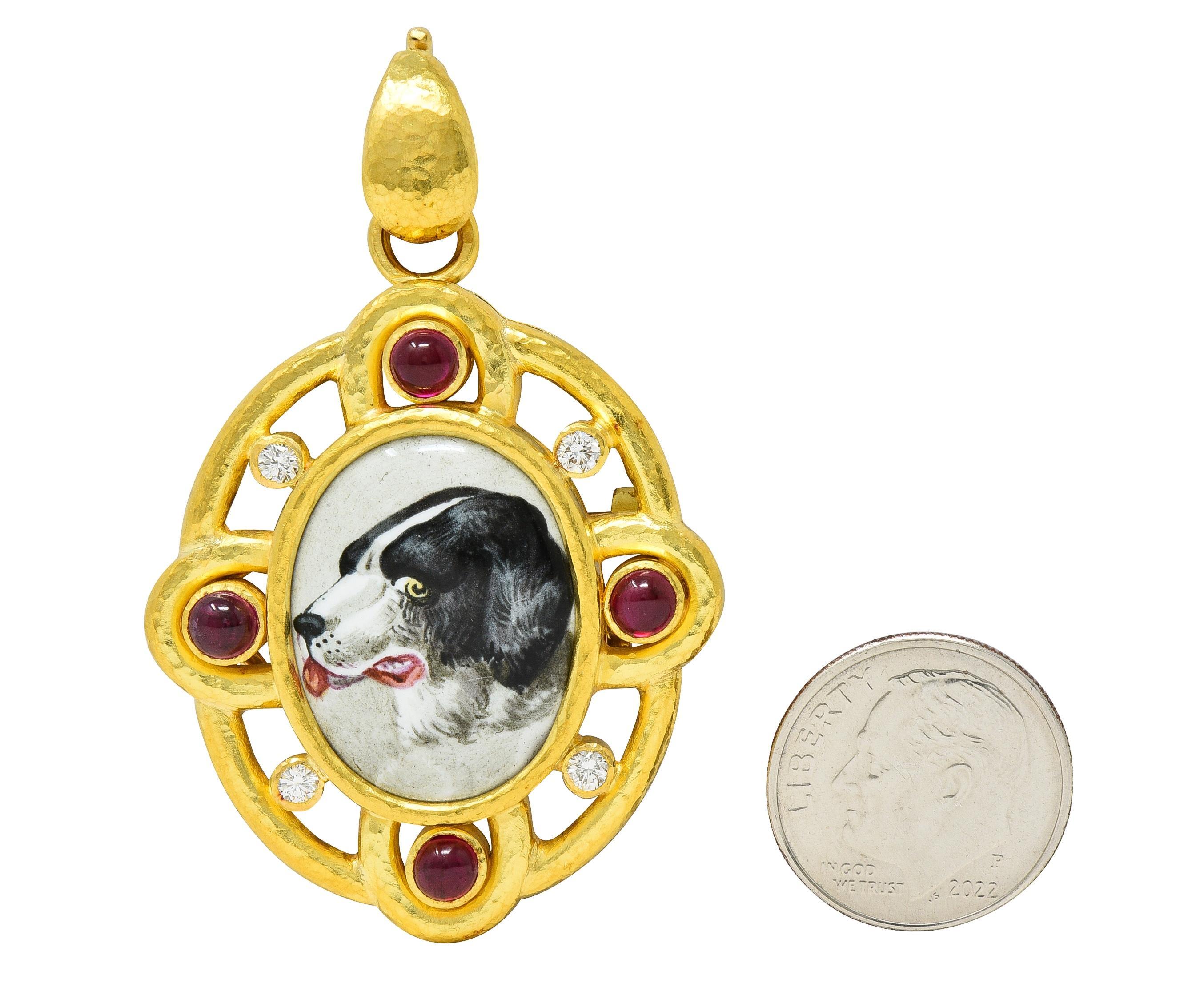 Elizabeth Locke Diamond Ruby Enamel 19 Karat Gold Dog Pendant Brooch For Sale 1
