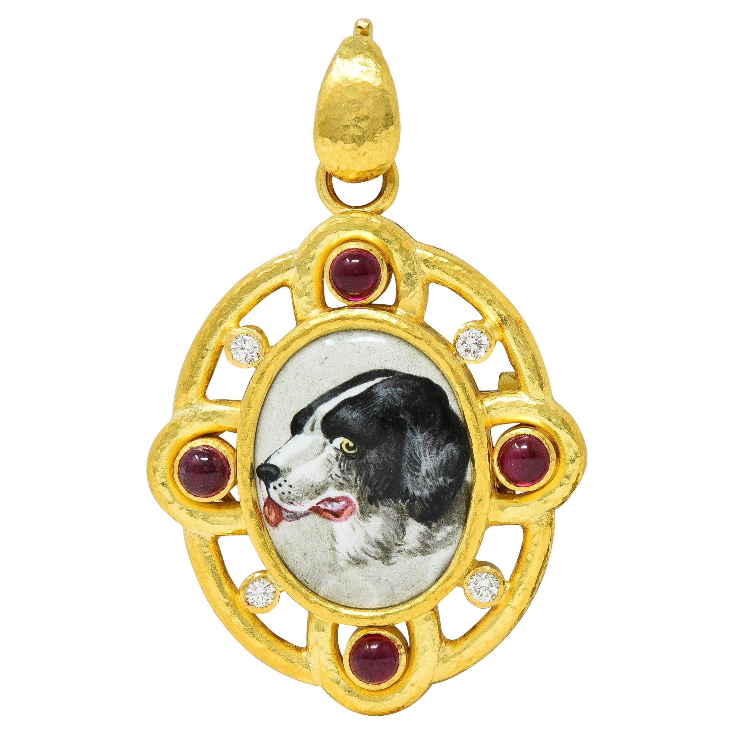 Elizabeth Locke, broche pendentif chien en or 19 carats, diamants, rubis et émail